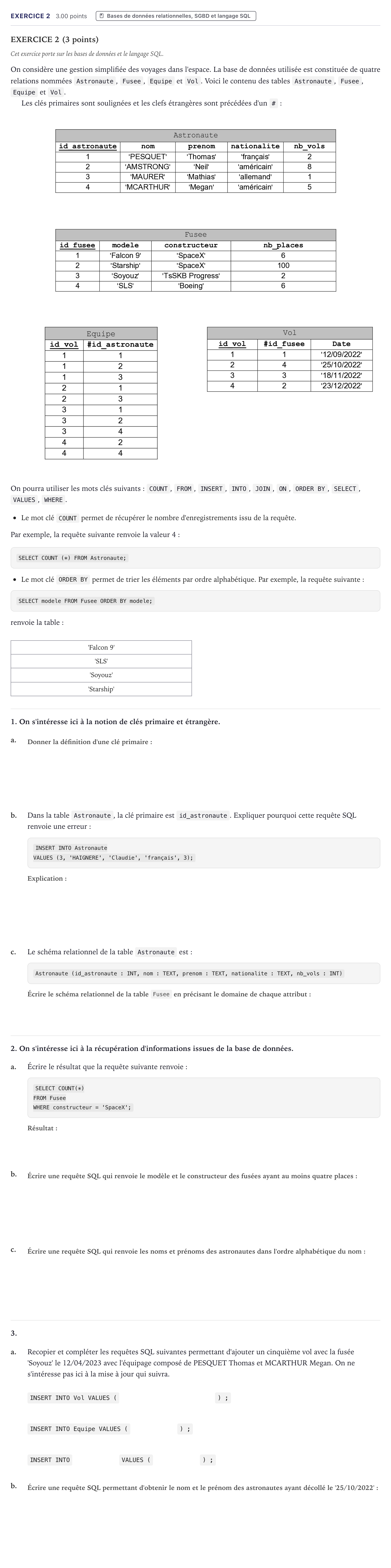 Énoncé: Exercice 2 · Bac Numérique et Sciences Informatiques Métropole 2023 (sujet 2)