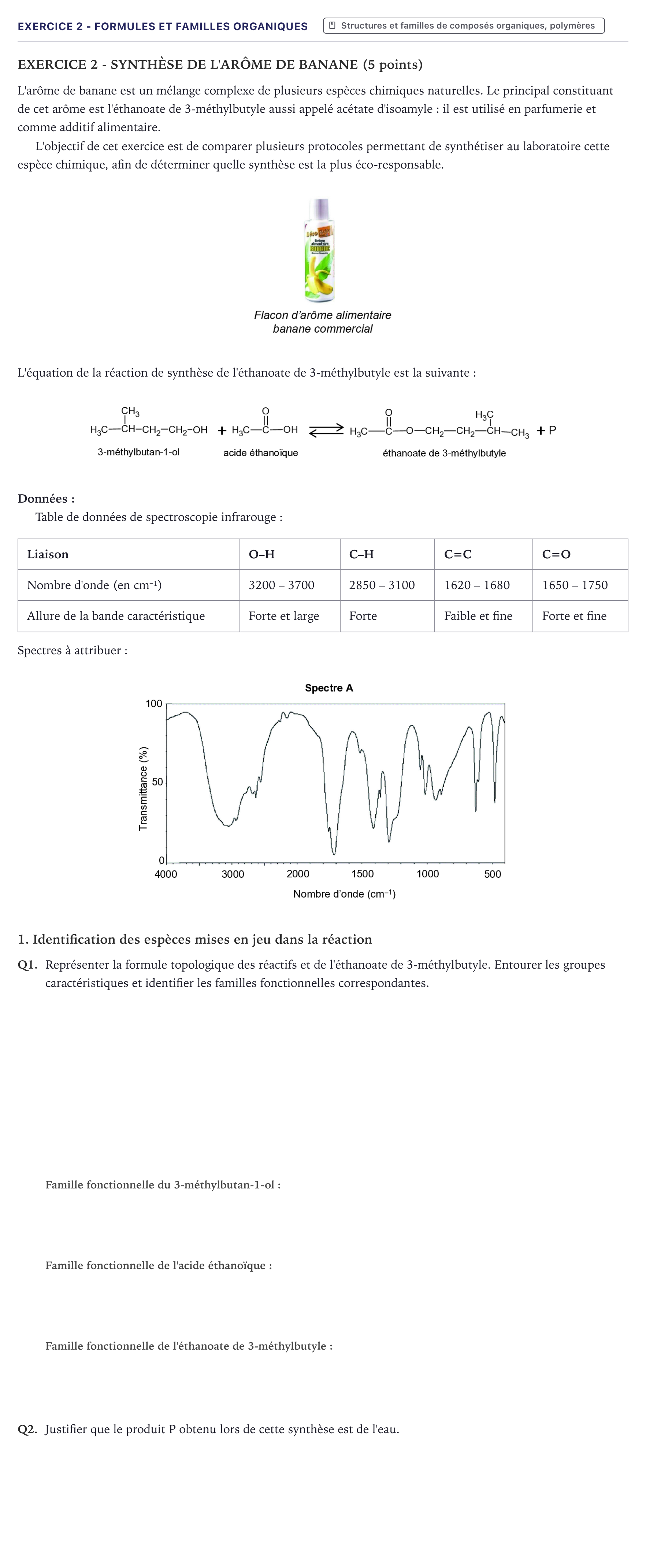 Énoncé: Exercice 2 - Formules et familles organiques · Bac Physique-Chimie Métropole 2023 (sujet 1)