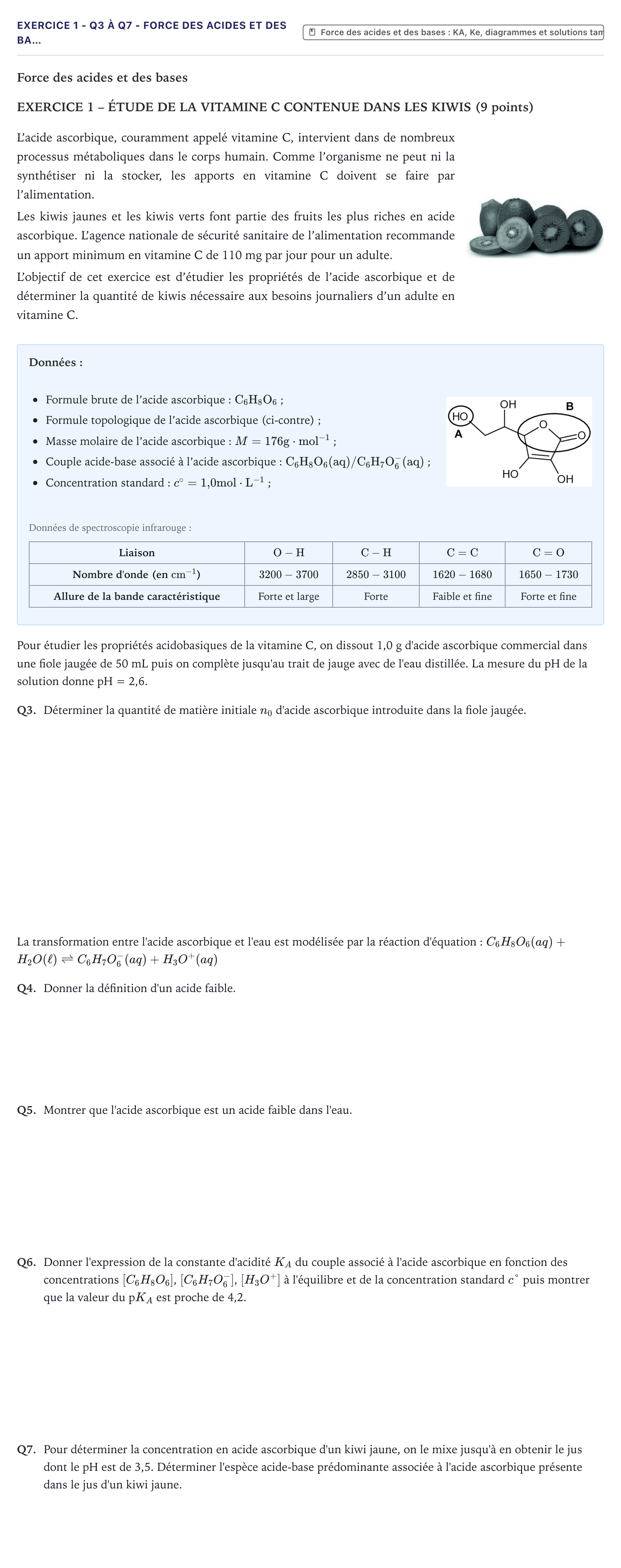 Énoncé: Exercice 1 - Q3 à Q7 - Force des acides et des ba… · Bac Physique-Chimie Métropole 2023 (sujet 2)
