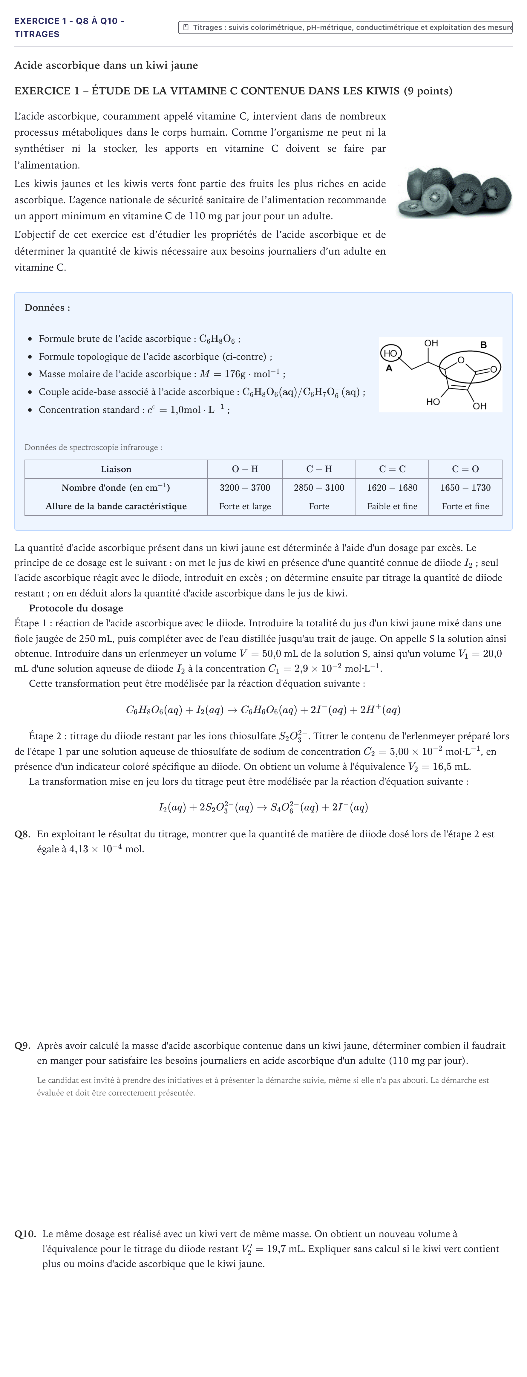 Énoncé: Exercice 1 - Q8 à Q10 - Titrages · Bac Physique-Chimie Métropole 2023 (sujet 2)