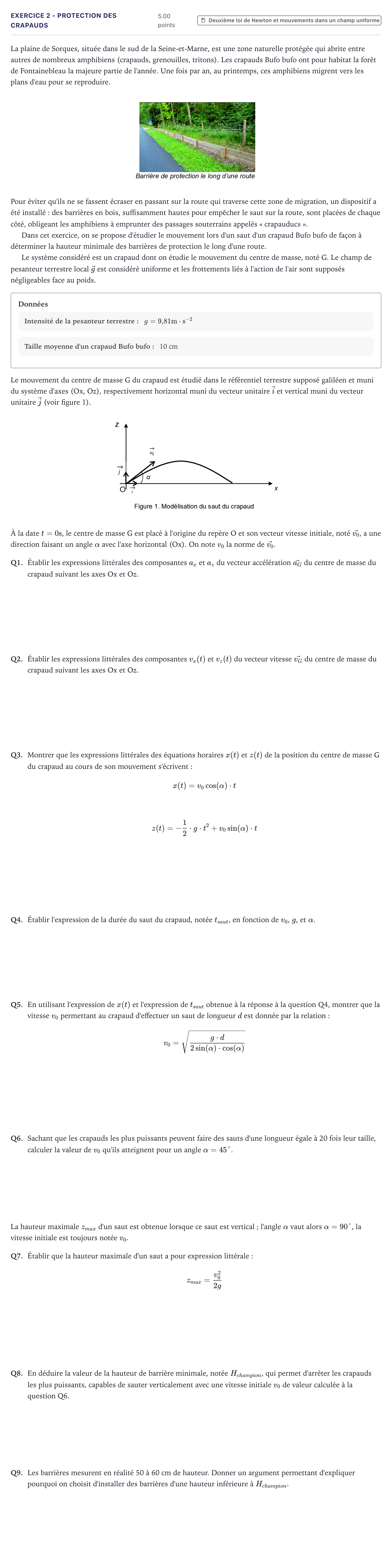 Énoncé: Exercice 2 - Protection des crapauds · Bac Physique-Chimie Métropole 2023 (sujet 2)