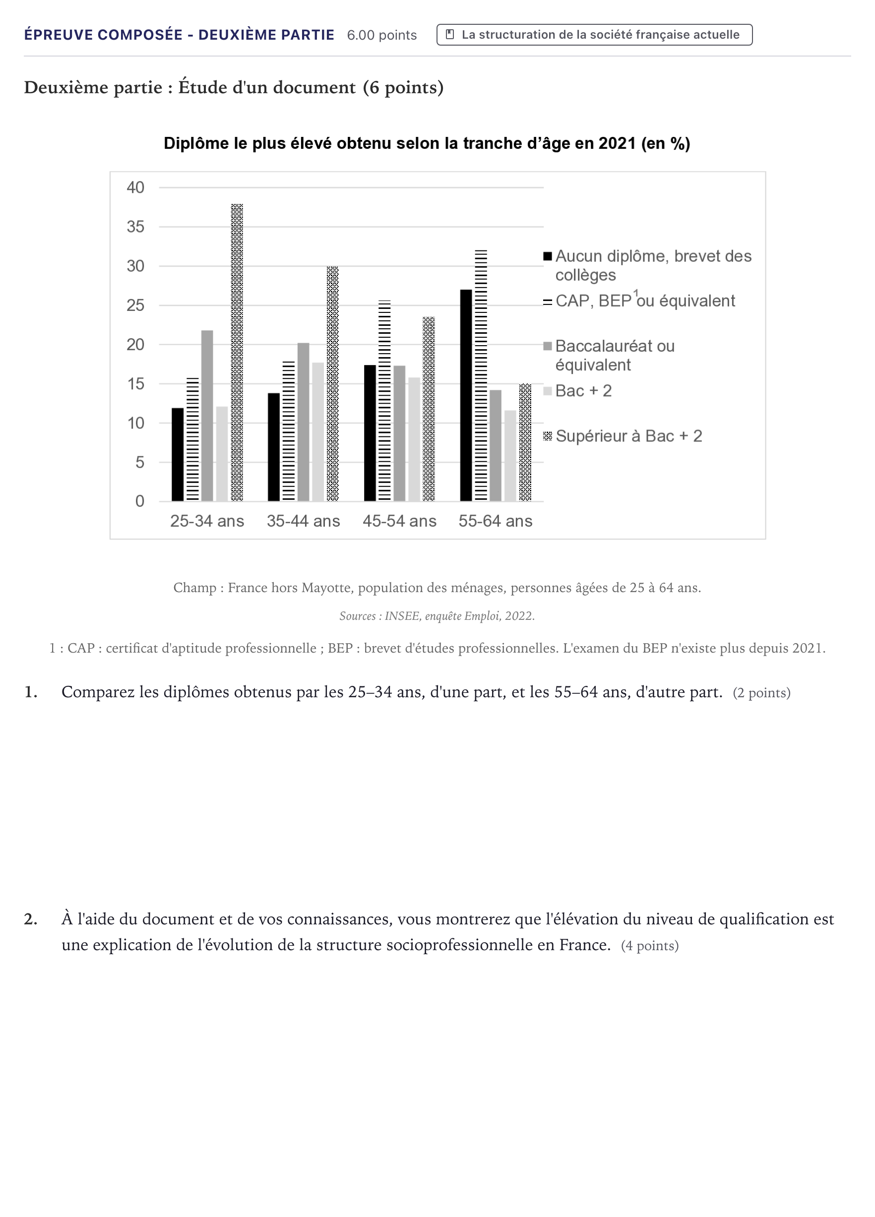 Énoncé: Épreuve composée - Deuxième partie · Bac Sciences Économiques et Sociales Métropole 2023 (sujet 2)