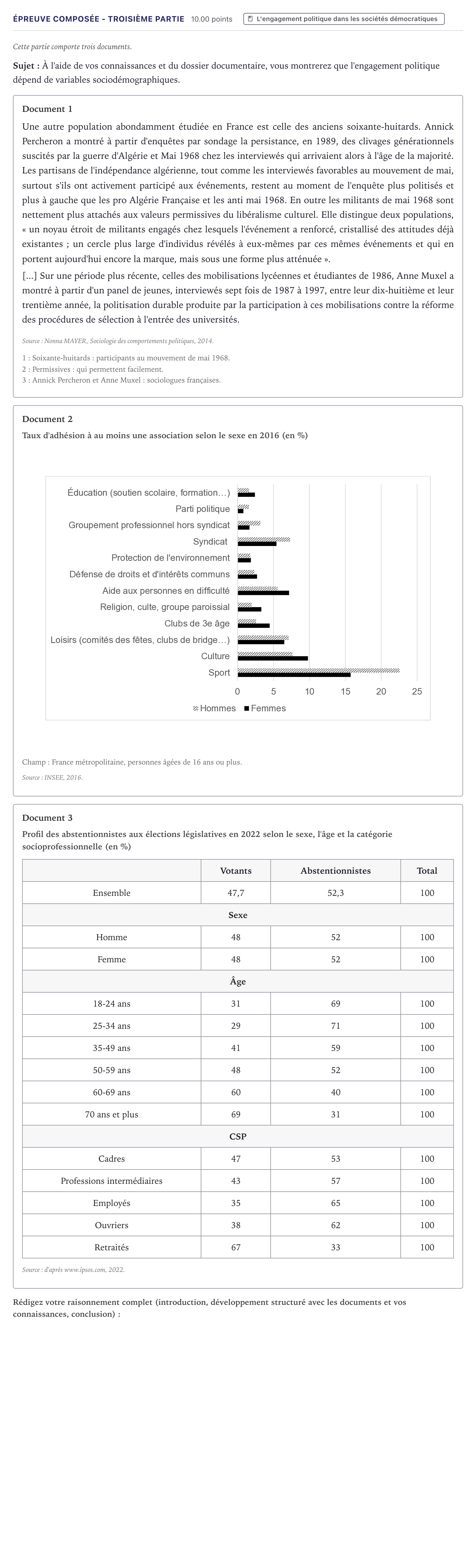 Énoncé: Épreuve composée - Troisième partie · Bac Sciences Économiques et Sociales Métropole 2023 (sujet 2)