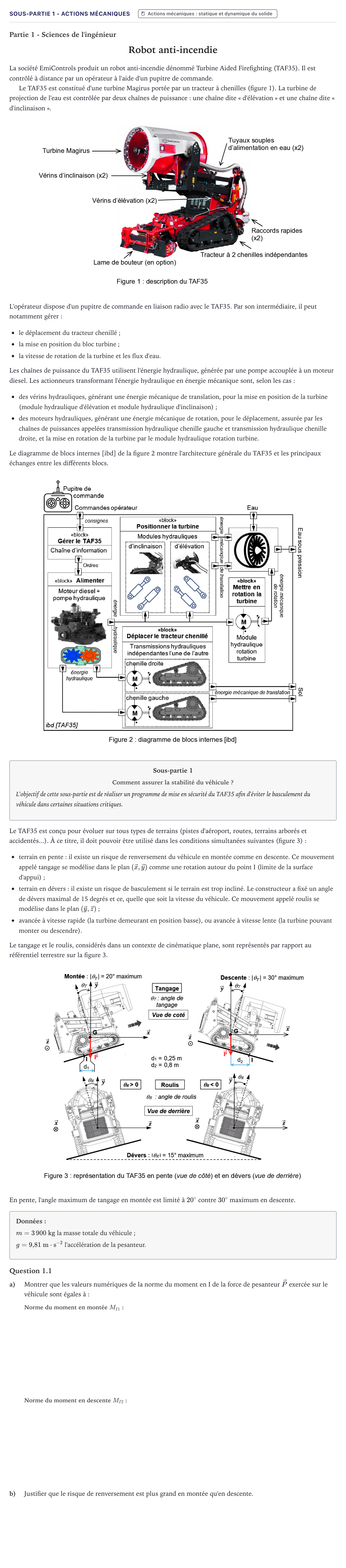 Énoncé: Exercice Sous-partie 1 - Actions mécaniques · Bac Sciences de l'Ingénieur Métropole 2023 (sujet 1)