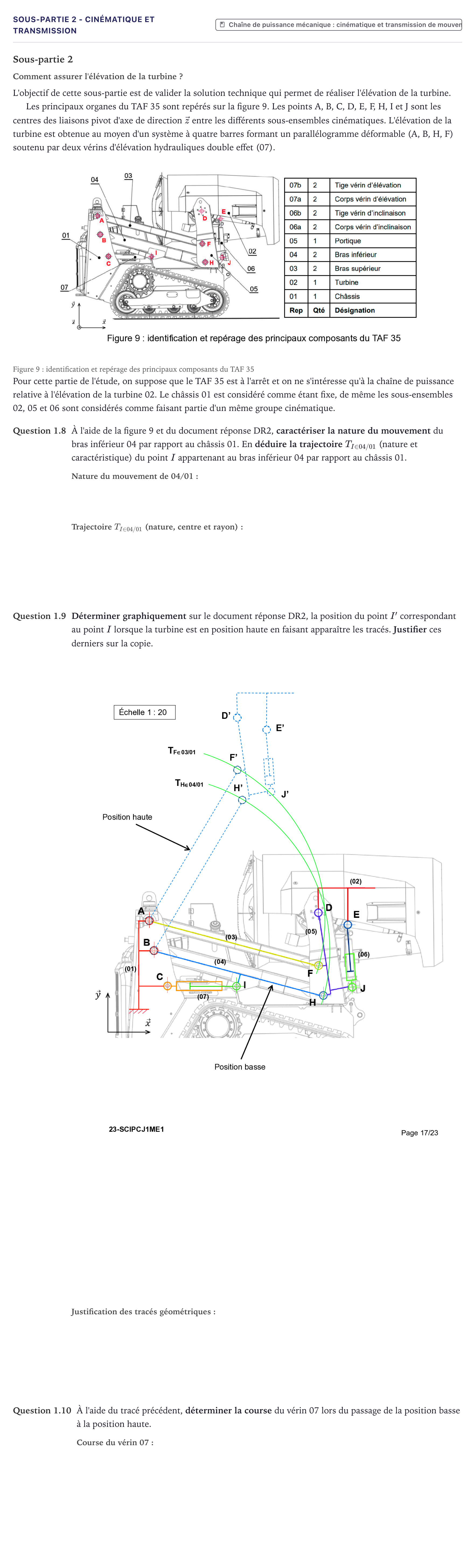 Énoncé: Exercice Sous-partie 2 - Cinématique et transmission · Bac Sciences de l'Ingénieur Métropole 2023 (sujet 1)