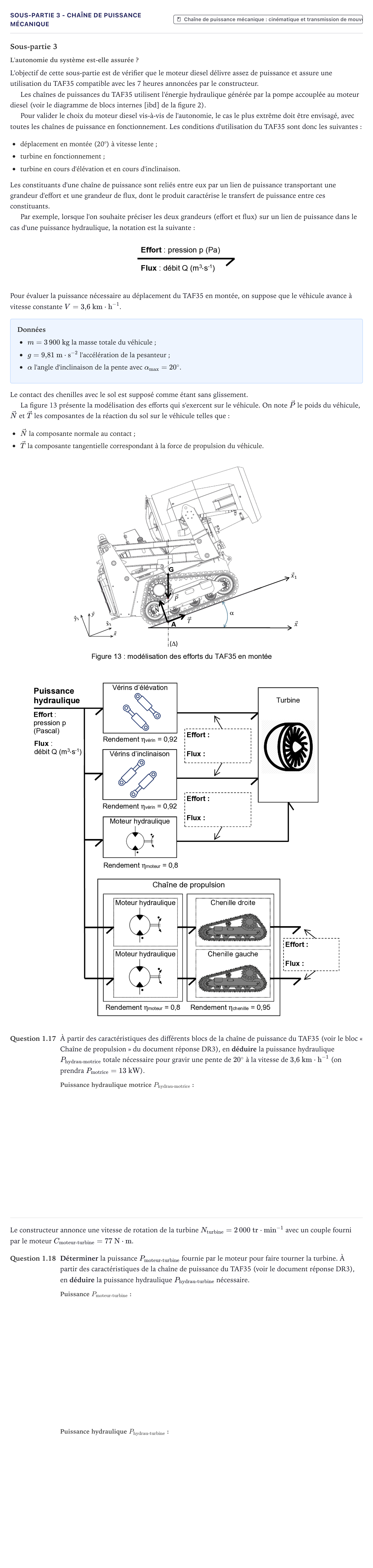 Énoncé: Exercice Sous-partie 3 - Chaîne de puissance mécanique · Bac Sciences de l'Ingénieur Métropole 2023 (sujet 1)