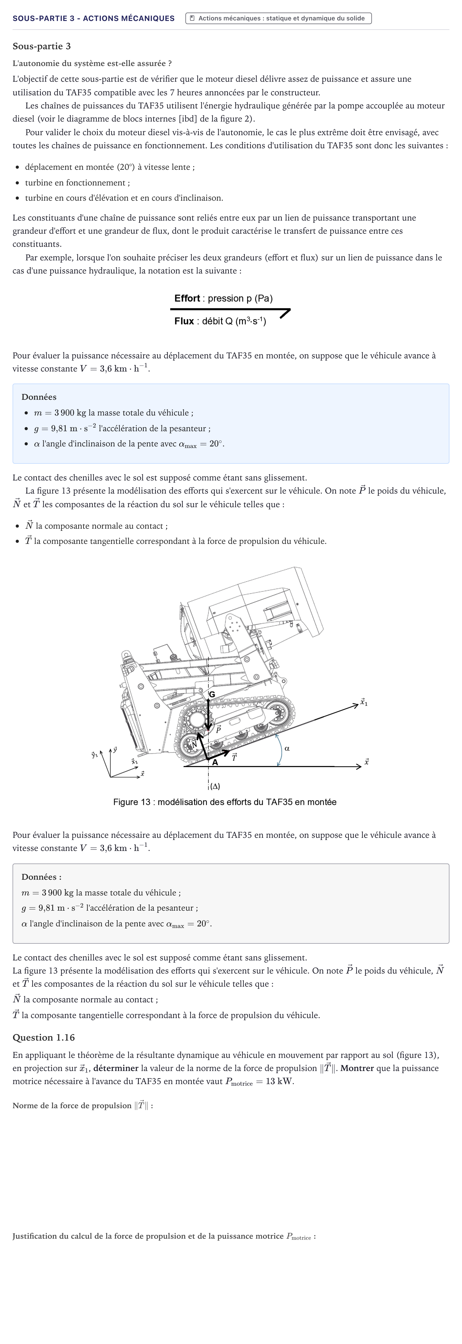 Énoncé: Exercice Sous-partie 3 - Actions mécaniques · Bac Sciences de l'Ingénieur Métropole 2023 (sujet 1)