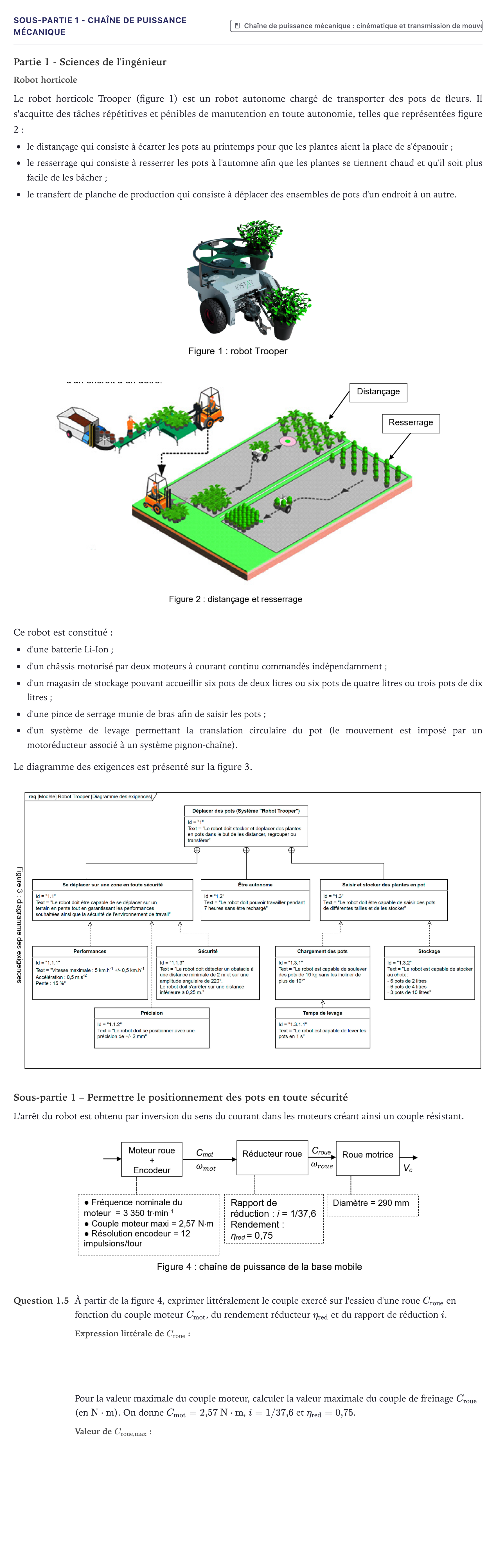 Énoncé: Exercice Sous-partie 1 - Chaîne de puissance mécanique · Bac Sciences de l'Ingénieur Métropole 2023 (sujet 2)