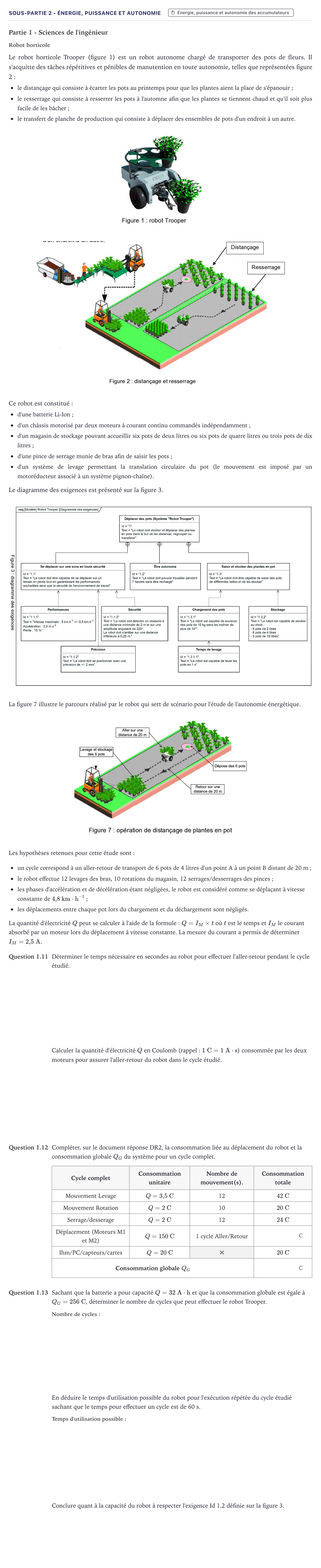 Énoncé: Exercice Sous-partie 2 - Énergie, puissance et autonomie · Bac Sciences de l'Ingénieur Métropole 2023 (sujet 2)