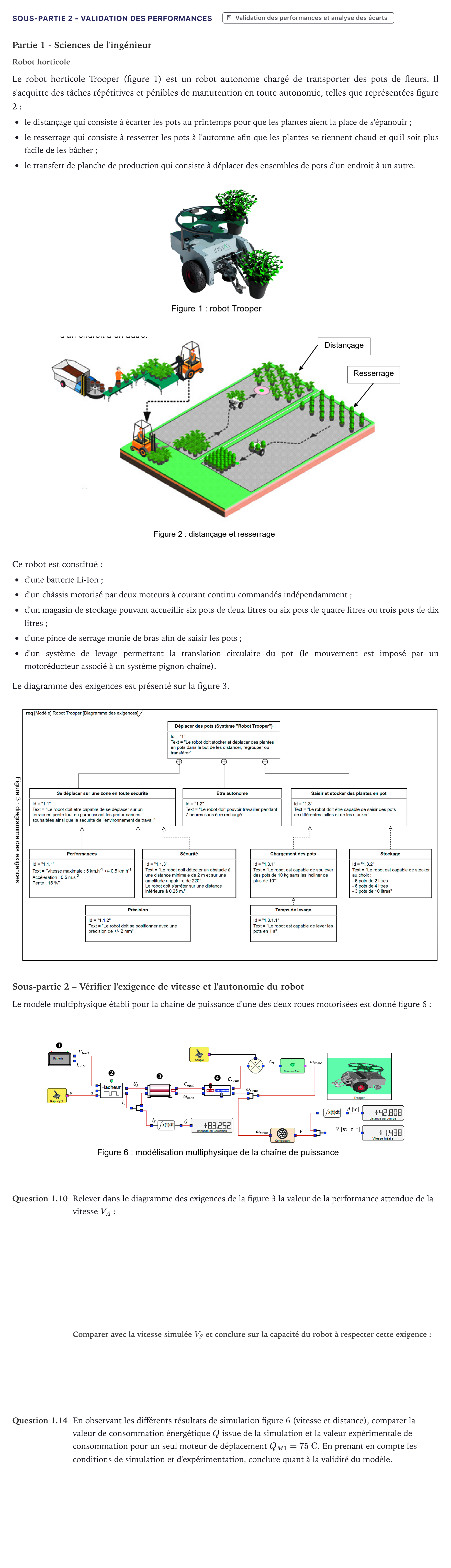 Énoncé: Exercice Sous-partie 2 - Validation des performances · Bac Sciences de l'Ingénieur Métropole 2023 (sujet 2)