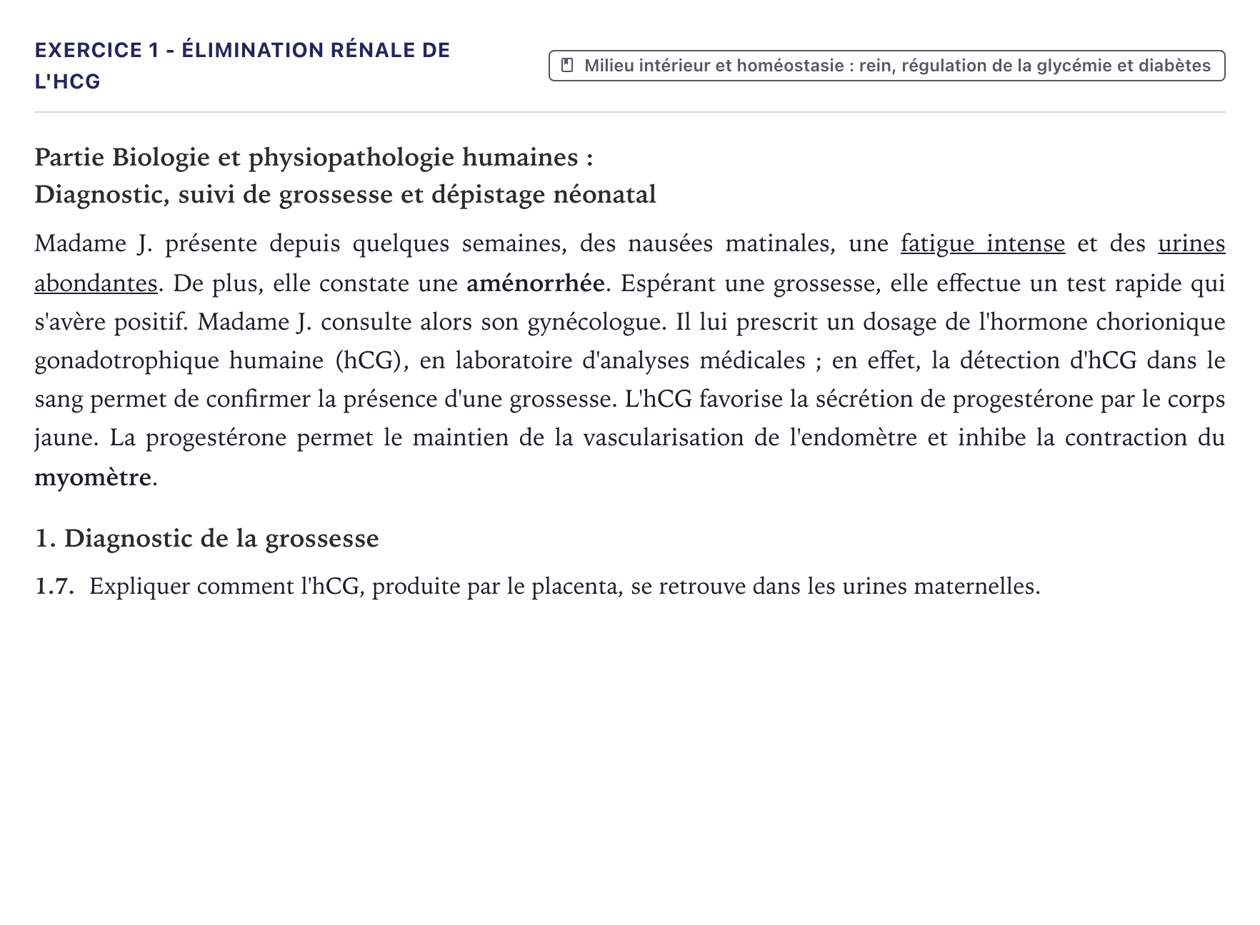 Énoncé: Exercice 1 - Élimination rénale de l'hCG · Bac ST2S Chimie, Biologie et Physiopathologie Humaines Métropole 2023