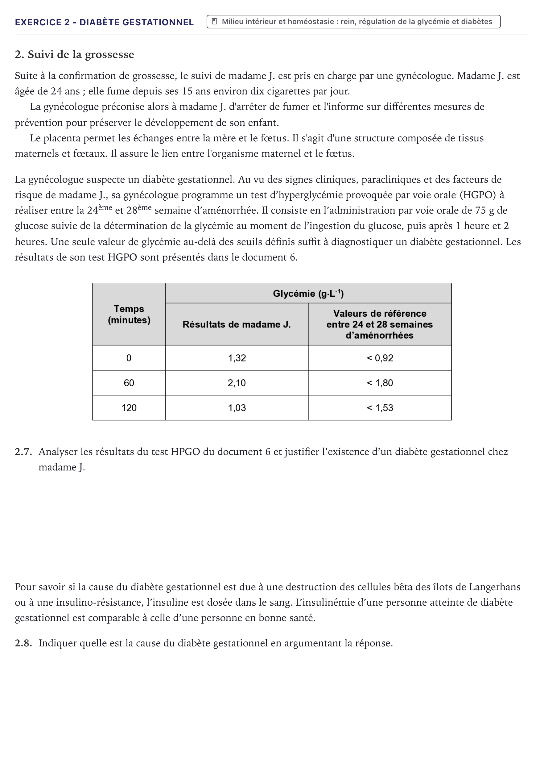 Énoncé: Exercice 2 - Diabète gestationnel · Bac ST2S Chimie, Biologie et Physiopathologie Humaines Métropole 2023
