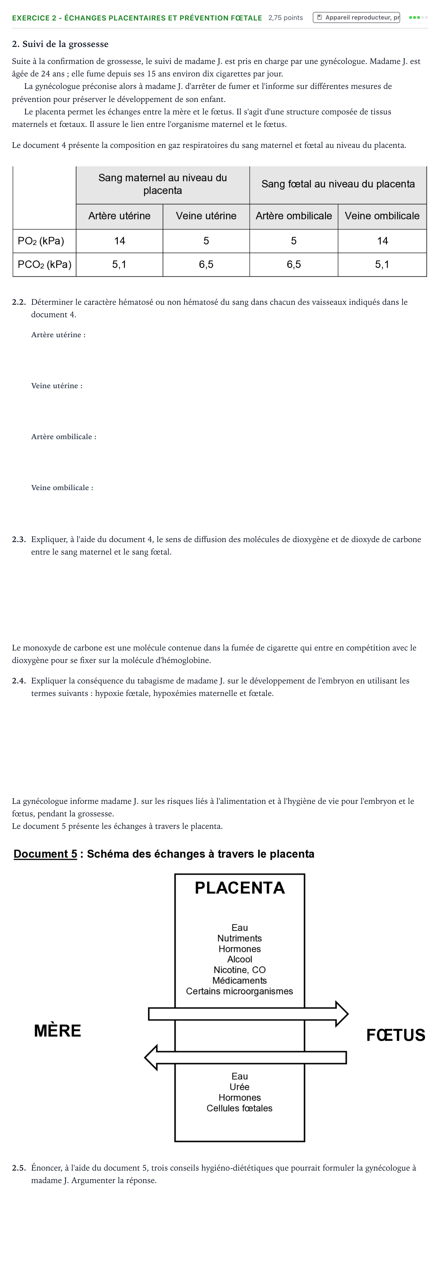 Énoncé: Exercice 2 - Échanges placentaires et prévention fœtale · Bac ST2S Chimie, Biologie et Physiopathologie Humaines Métropole 2023
