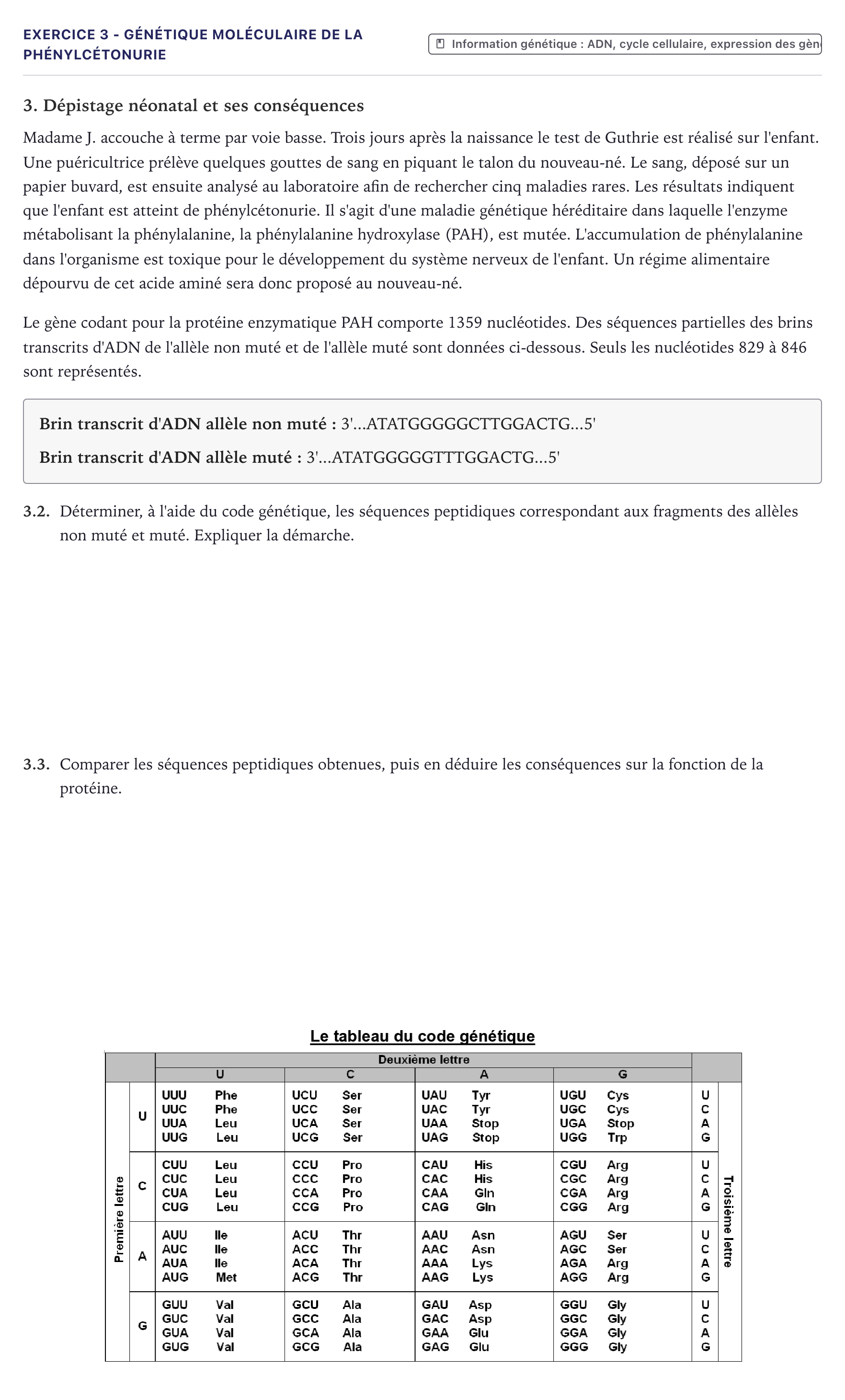 Énoncé: Exercice 3 - Génétique moléculaire de la phénylcétonurie · Bac ST2S Chimie, Biologie et Physiopathologie Humaines Métropole 2023
