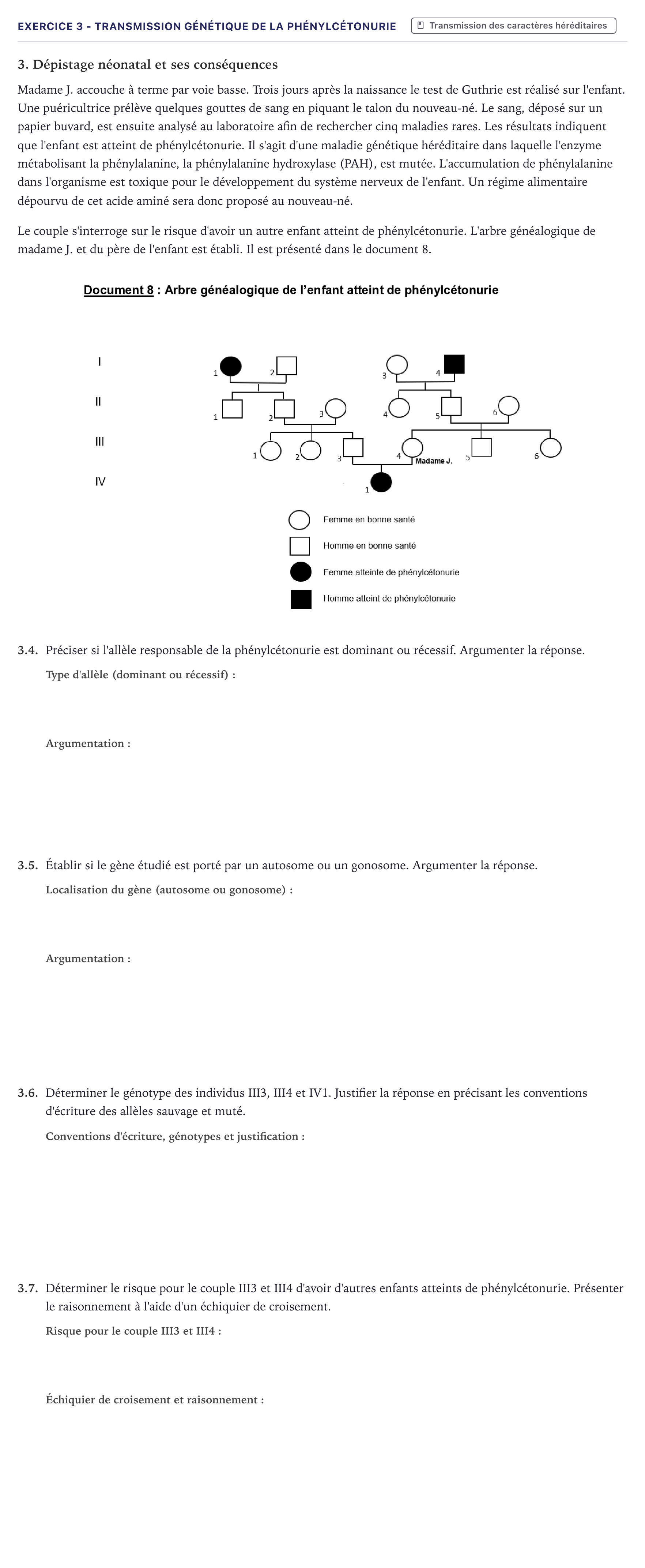 Énoncé: Exercice 3 - Transmission génétique de la phénylcétonurie · Bac ST2S Chimie, Biologie et Physiopathologie Humaines Métropole 2023