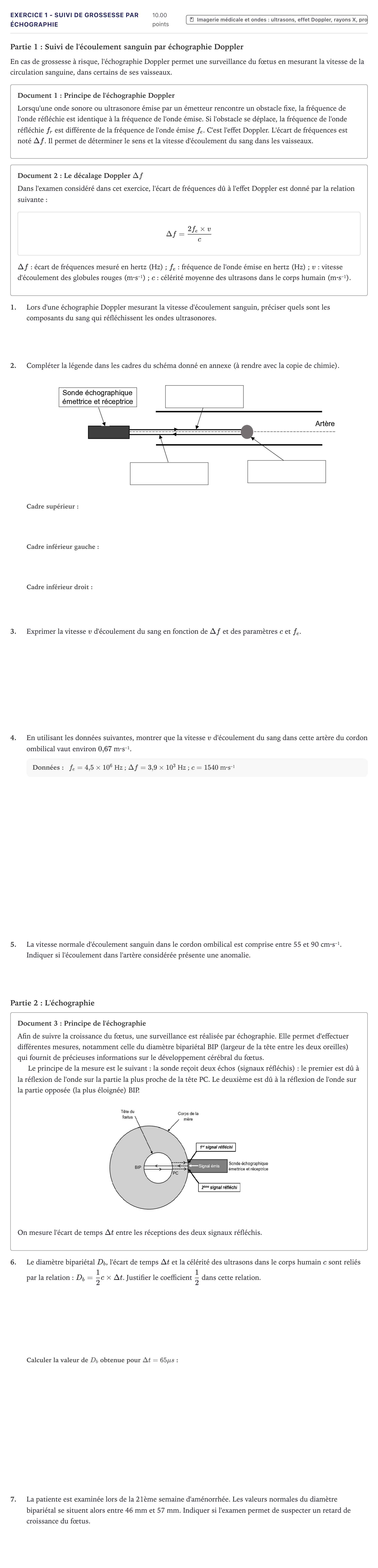 Énoncé: Exercice 1 - Suivi de grossesse par échographie · Bac ST2S Chimie, Biologie et Physiopathologie Humaines Métropole 2023