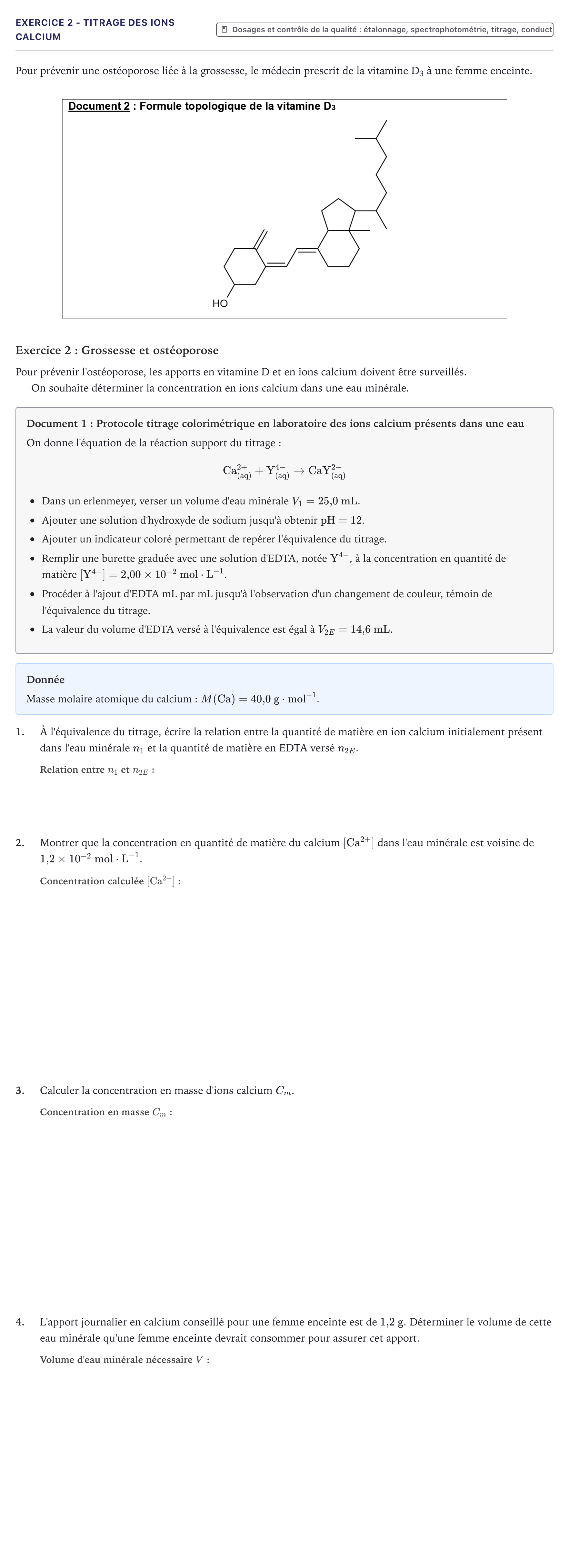 Énoncé: Exercice 2 - Titrage des ions calcium · Bac ST2S Chimie, Biologie et Physiopathologie Humaines Métropole 2023