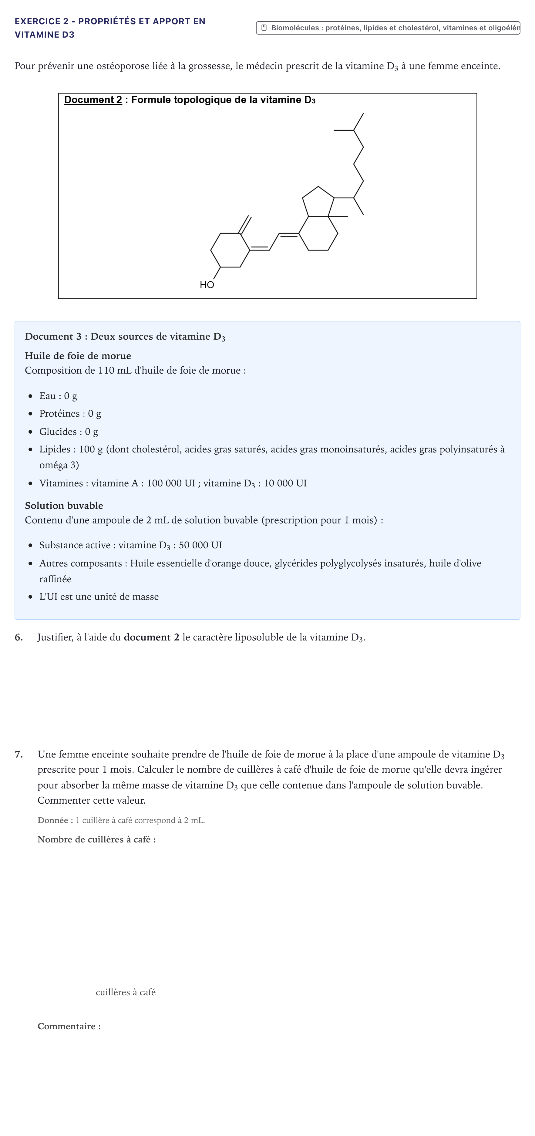 Énoncé: Exercice 2 - Propriétés et apport en vitamine D3 · Bac ST2S Chimie, Biologie et Physiopathologie Humaines Métropole 2023