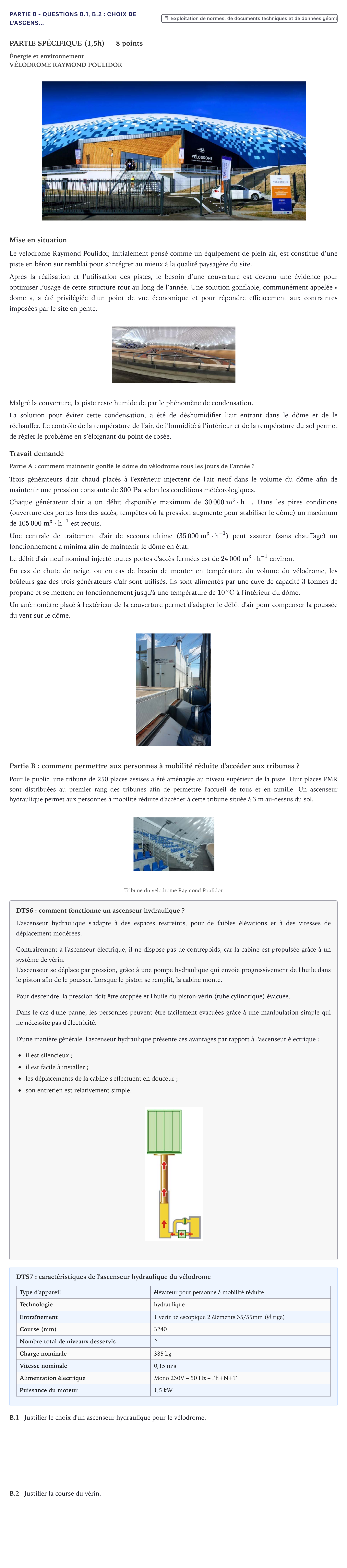 Énoncé: Partie B - Questions B.1, B.2 : Choix de l'ascens… · Bac STI2D Ingénierie, Innovation et Développement Durable Métropole - EE 2023