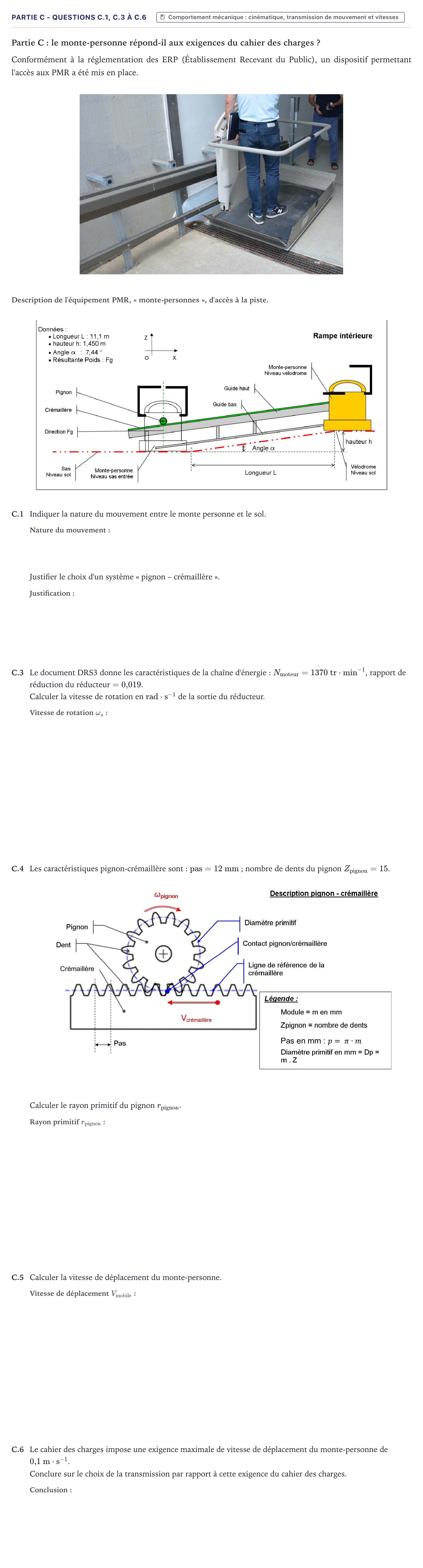 Énoncé: Partie C - Questions C.1, C.3 à C.6 · Bac STI2D Ingénierie, Innovation et Développement Durable Métropole - ITEC 2023