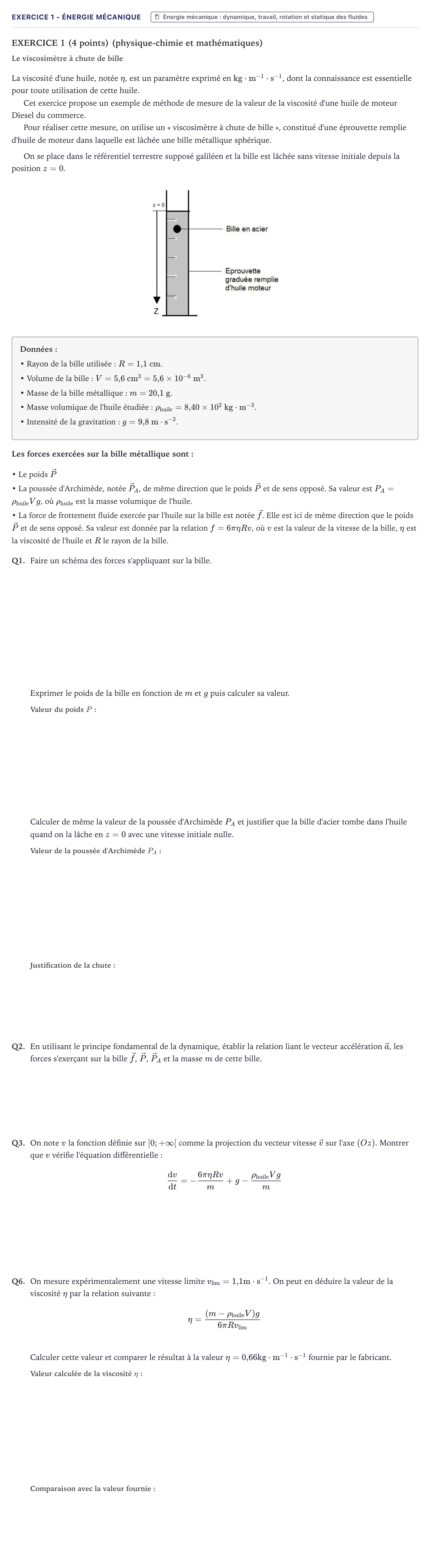 Énoncé: Exercice 1 - Énergie mécanique · Bac STI2D Physique-Chimie et Mathématiques Métropole 2023