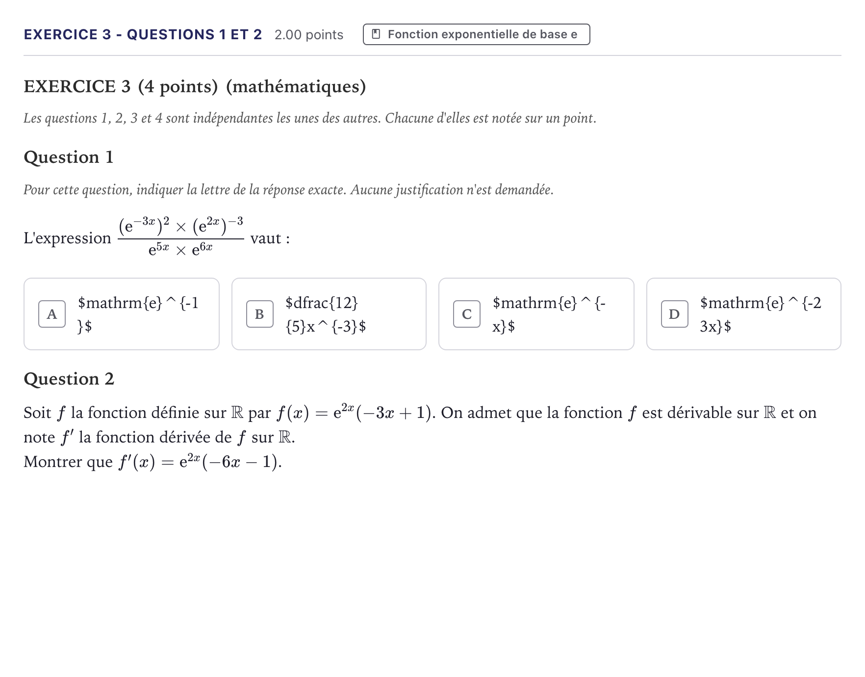 Énoncé: Exercice 3 - Questions 1 et 2 · Bac STI2D Physique-Chimie et Mathématiques Métropole 2023