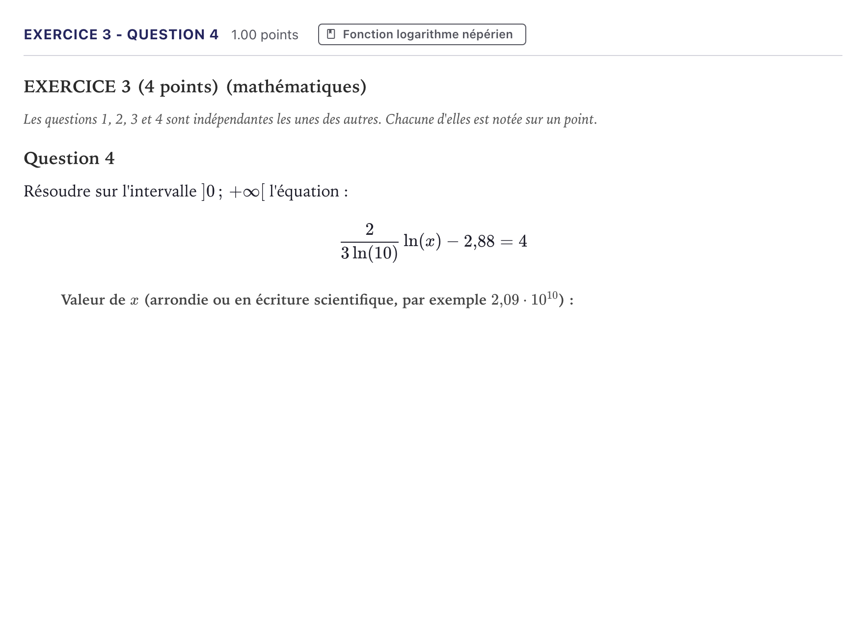Énoncé: Exercice 3 - Question 4 · Bac STI2D Physique-Chimie et Mathématiques Métropole 2023