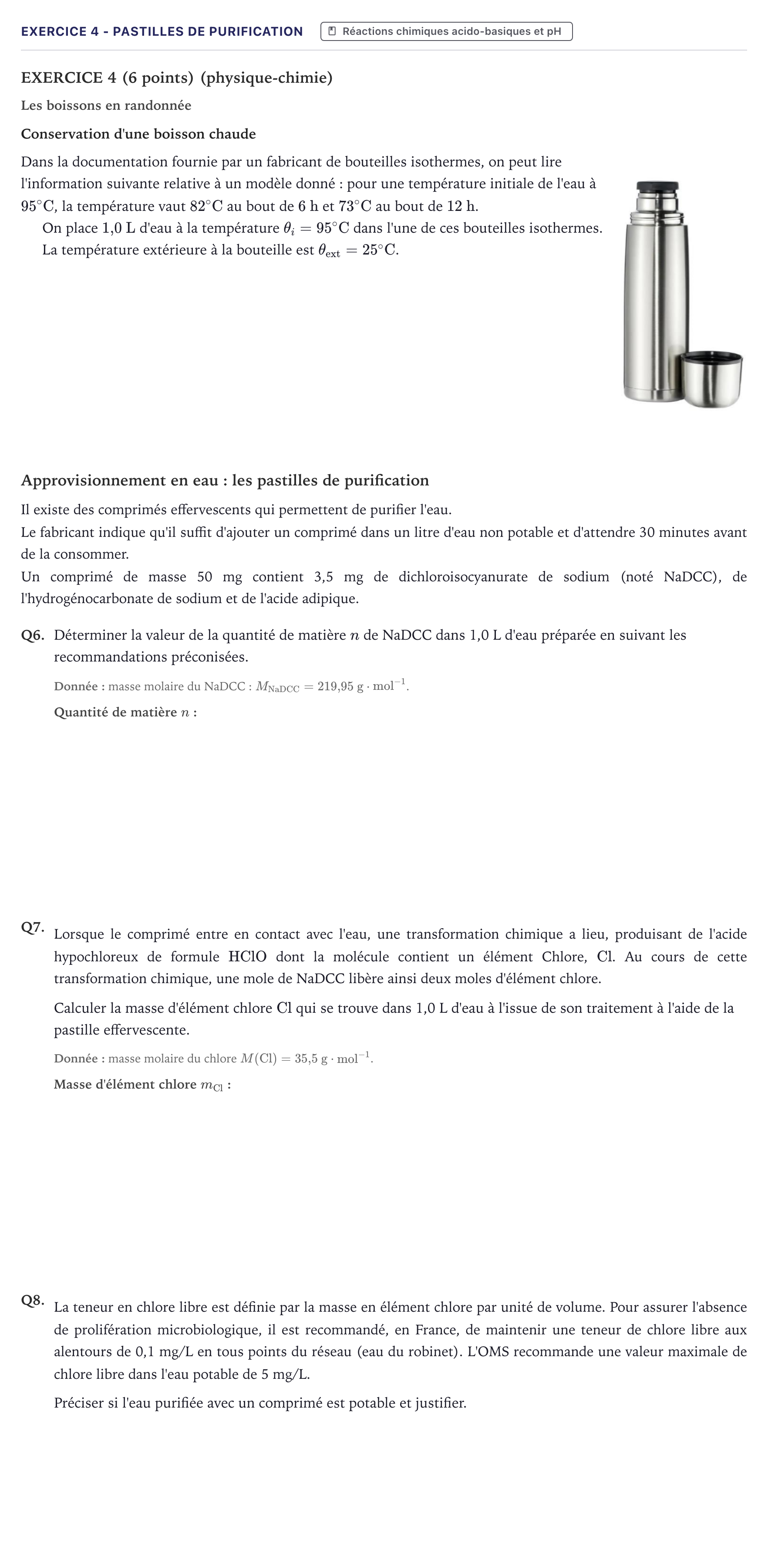 Énoncé: Exercice 4 - Pastilles de purification · Bac STI2D Physique-Chimie et Mathématiques Métropole 2023