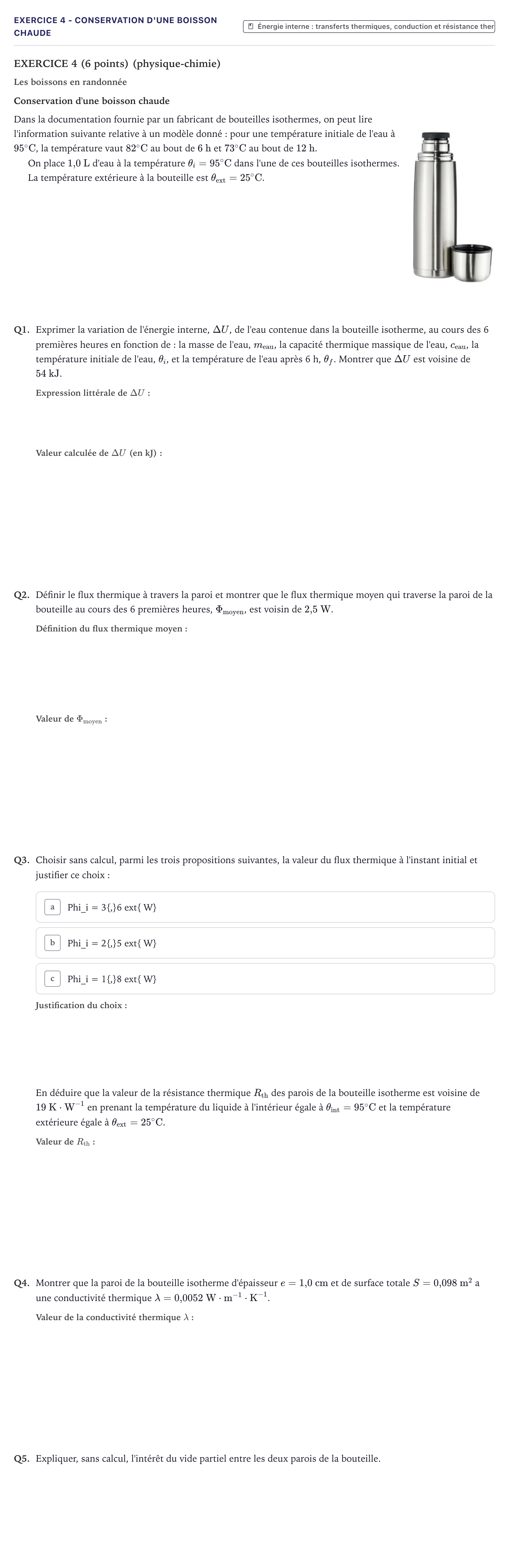 Énoncé: Exercice 4 - Conservation d'une boisson chaude · Bac STI2D Physique-Chimie et Mathématiques Métropole 2023