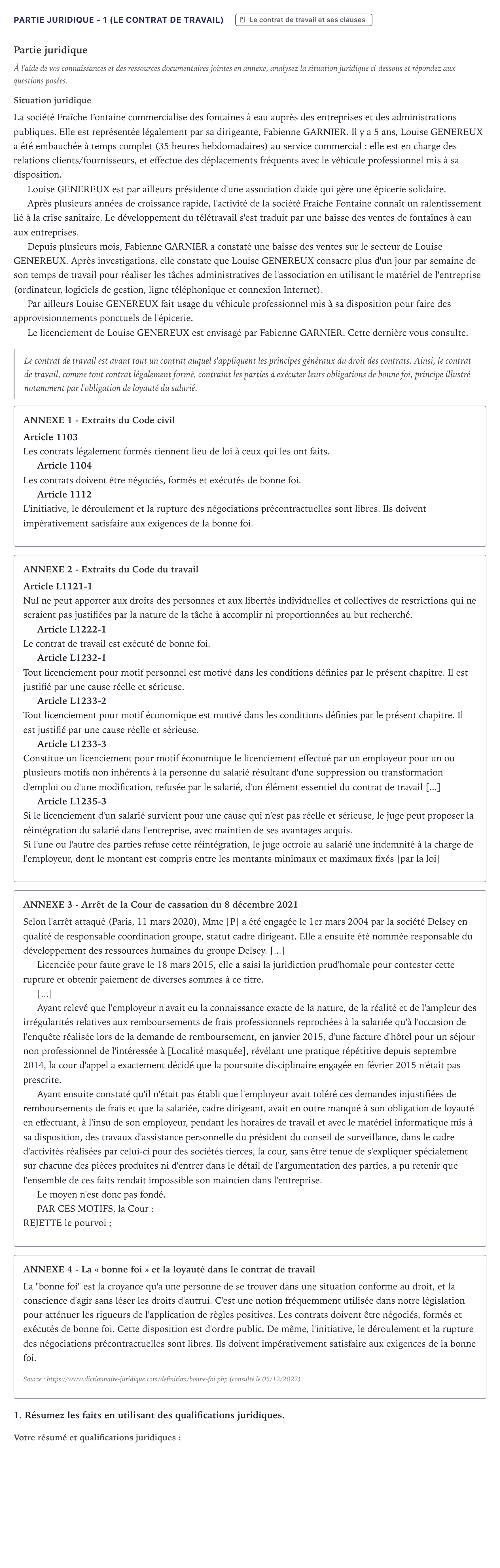 Énoncé: Partie juridique - 1 (Le contrat de travail) · Bac STMG Droit et Économie Métropole 2023