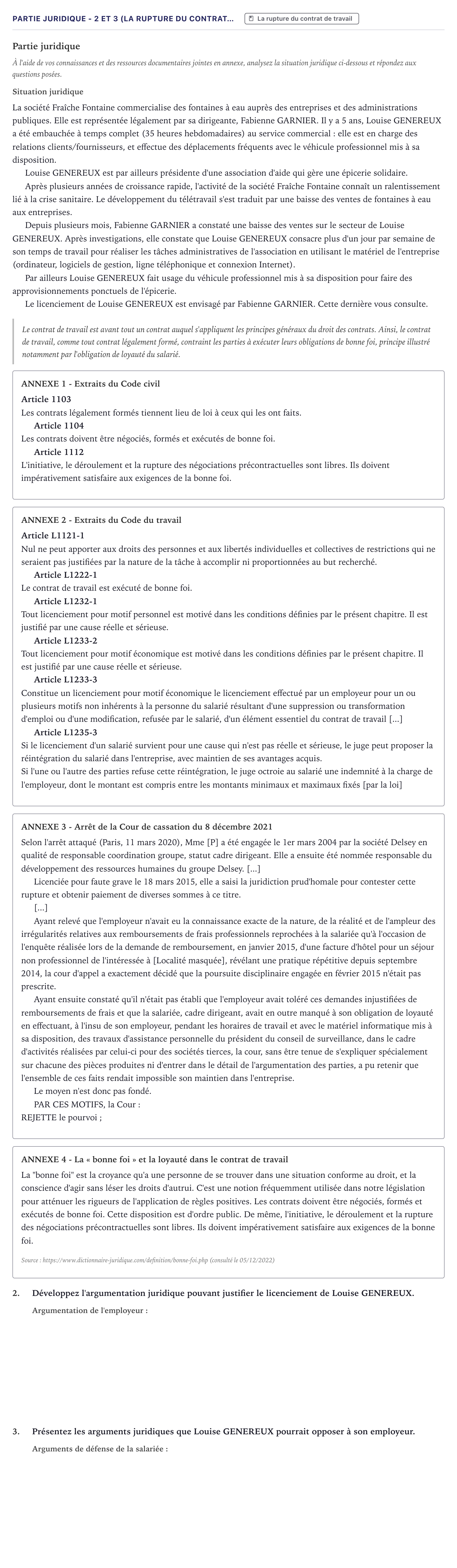 Énoncé: Partie juridique - 2 et 3 (La rupture du contrat… · Bac STMG Droit et Économie Métropole 2023