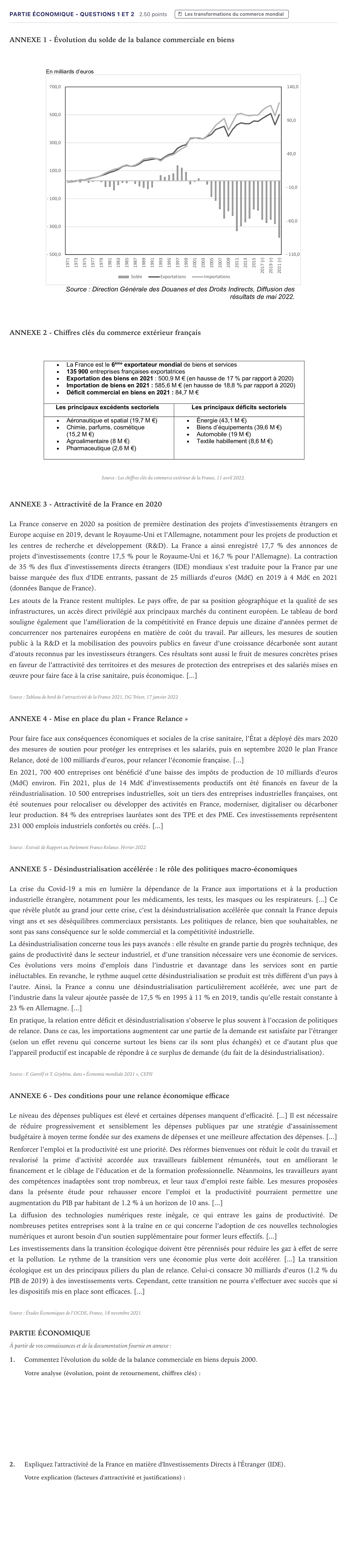 Énoncé: Partie économique - Questions 1 et 2 · Bac STMG Droit et Économie Métropole 2023 (sujet 2)