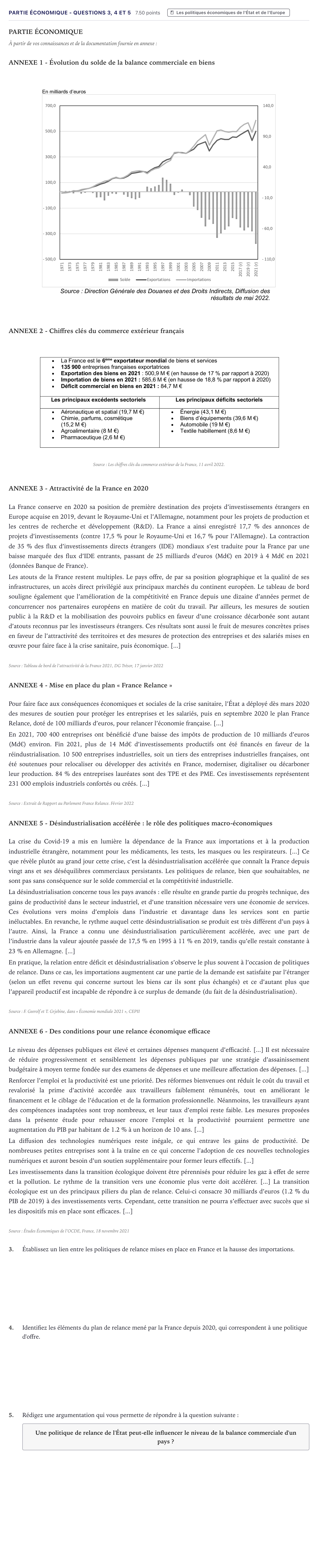 Énoncé: Partie économique - Questions 3, 4 et 5 · Bac STMG Droit et Économie Métropole 2023 (sujet 2)