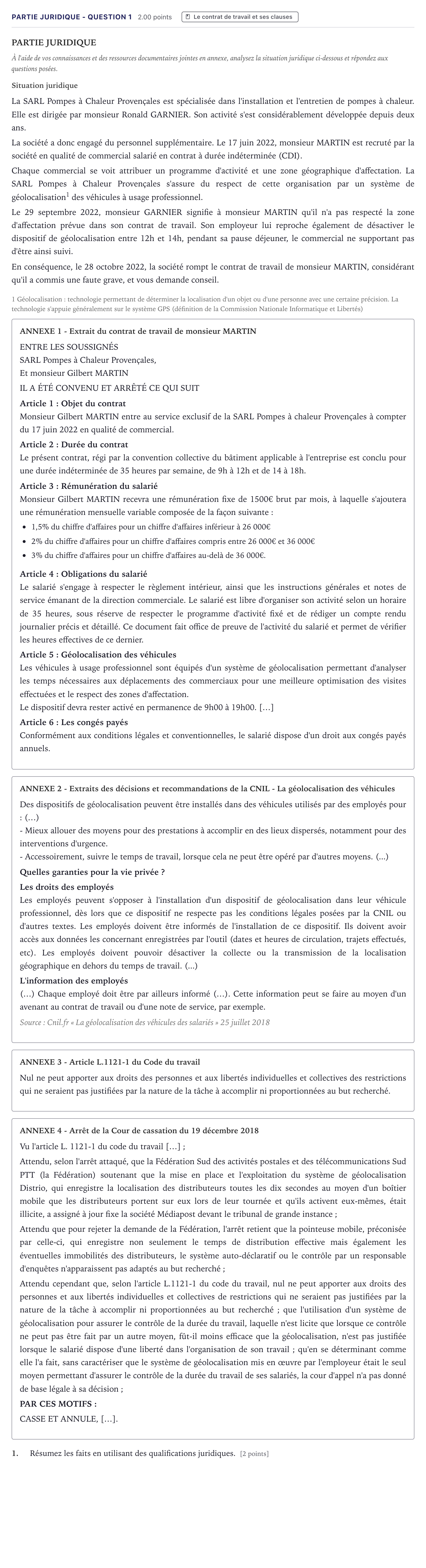 Énoncé: Partie juridique - Question 1 · Bac STMG Droit et Économie Métropole 2023 (sujet 2)