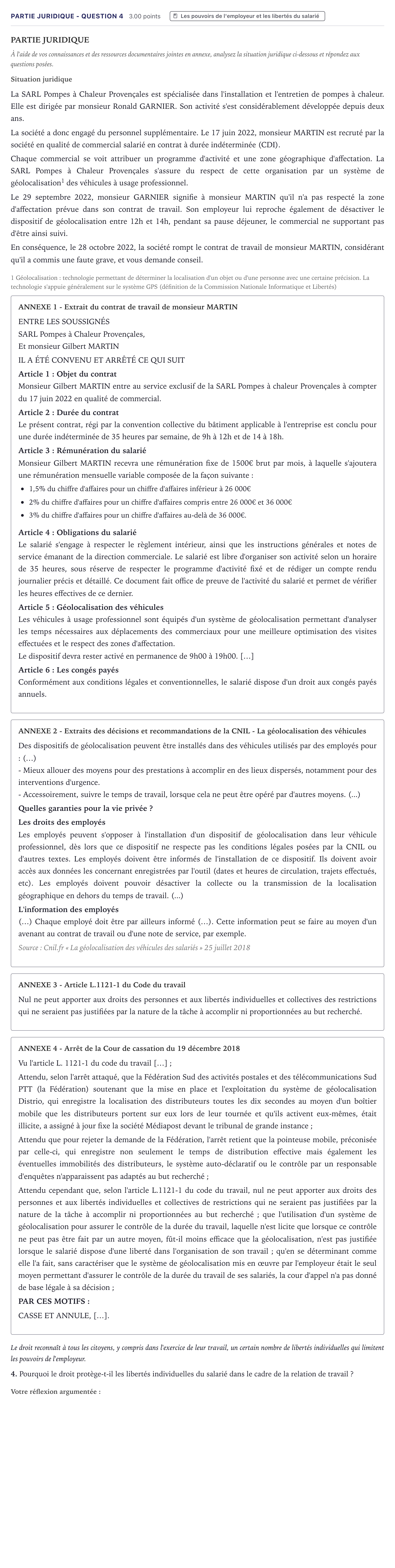 Énoncé: Partie juridique - Question 4 · Bac STMG Droit et Économie Métropole 2023 (sujet 2)