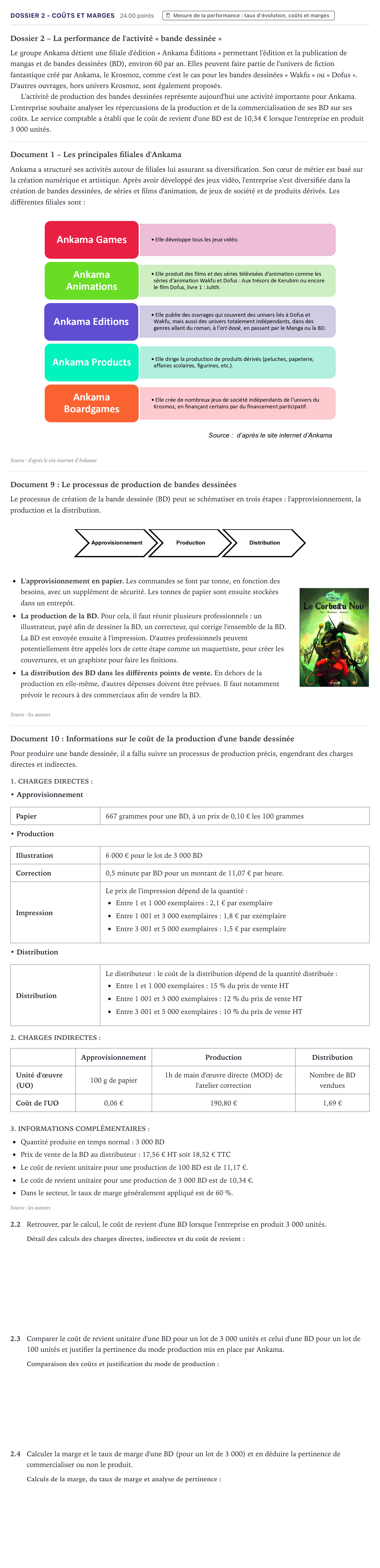 Énoncé: Exercice Dossier 2 - Coûts et marges · Bac STMG Management des Sciences de Gestion et du Numérique Métropole 2023