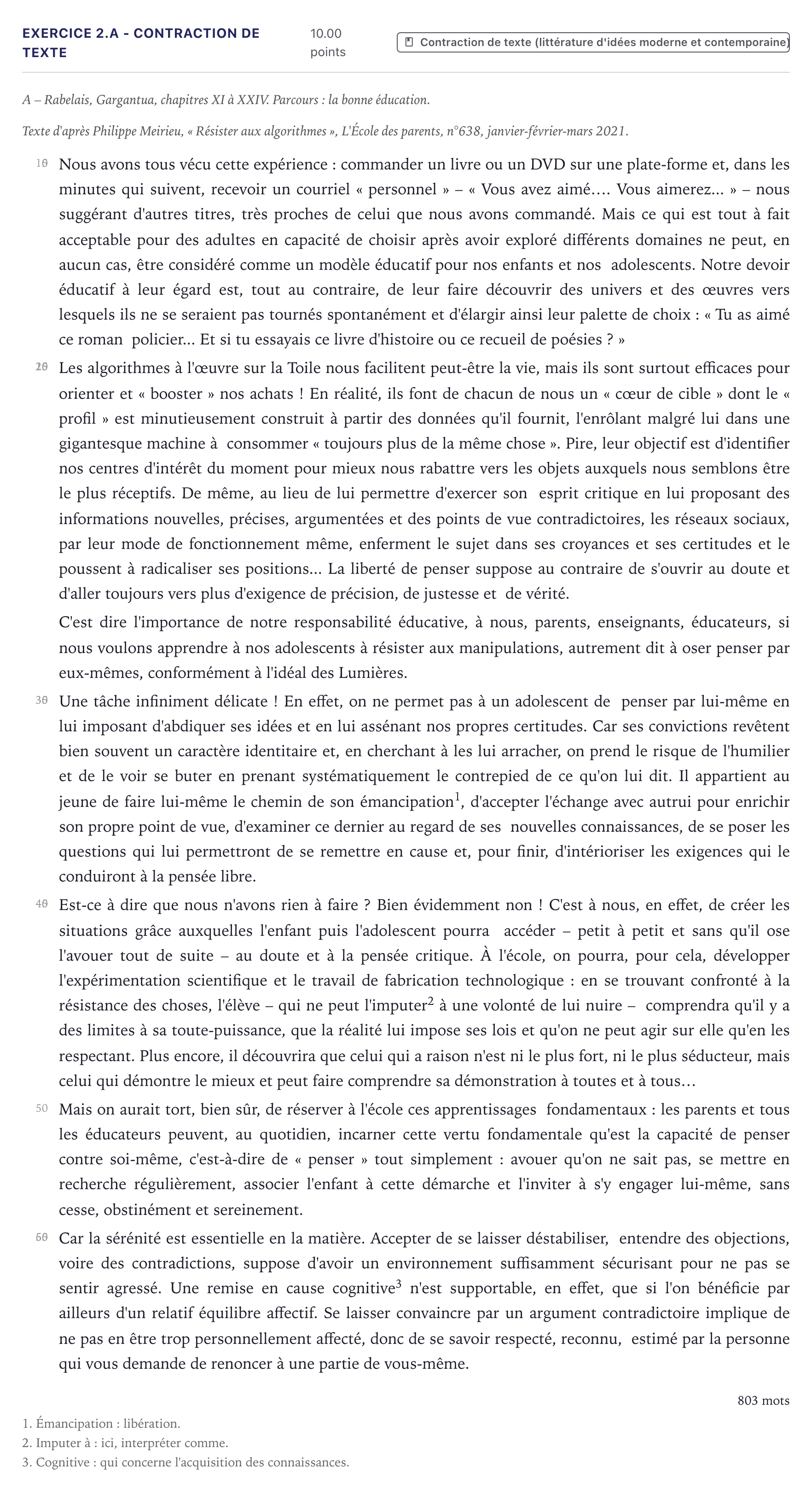 Énoncé: Exercice 2.A - Contraction de texte · Bac STMG Français Métropole 2023