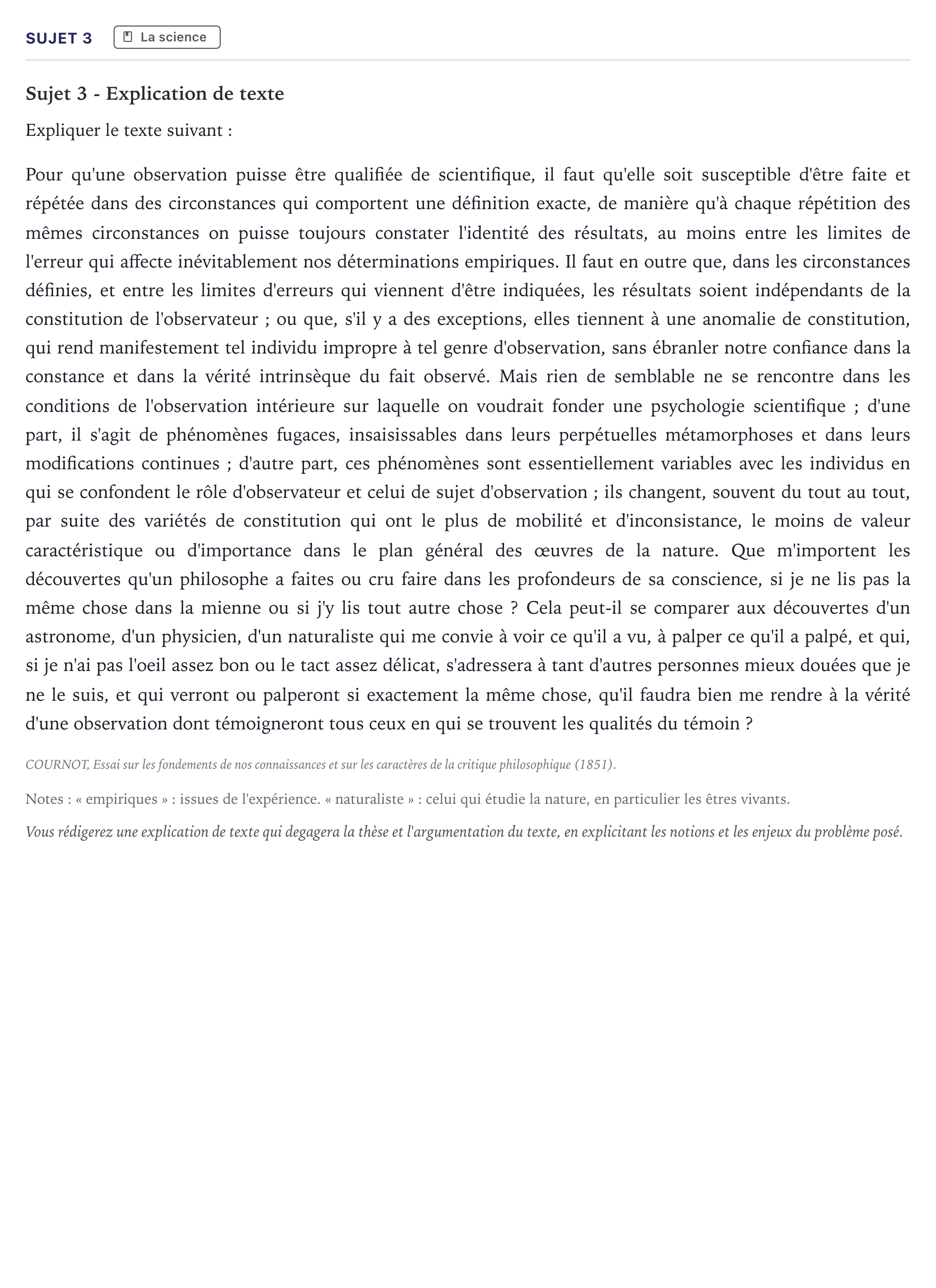 Énoncé: Sujet 3 · Bac Philosophie Métropole 2022