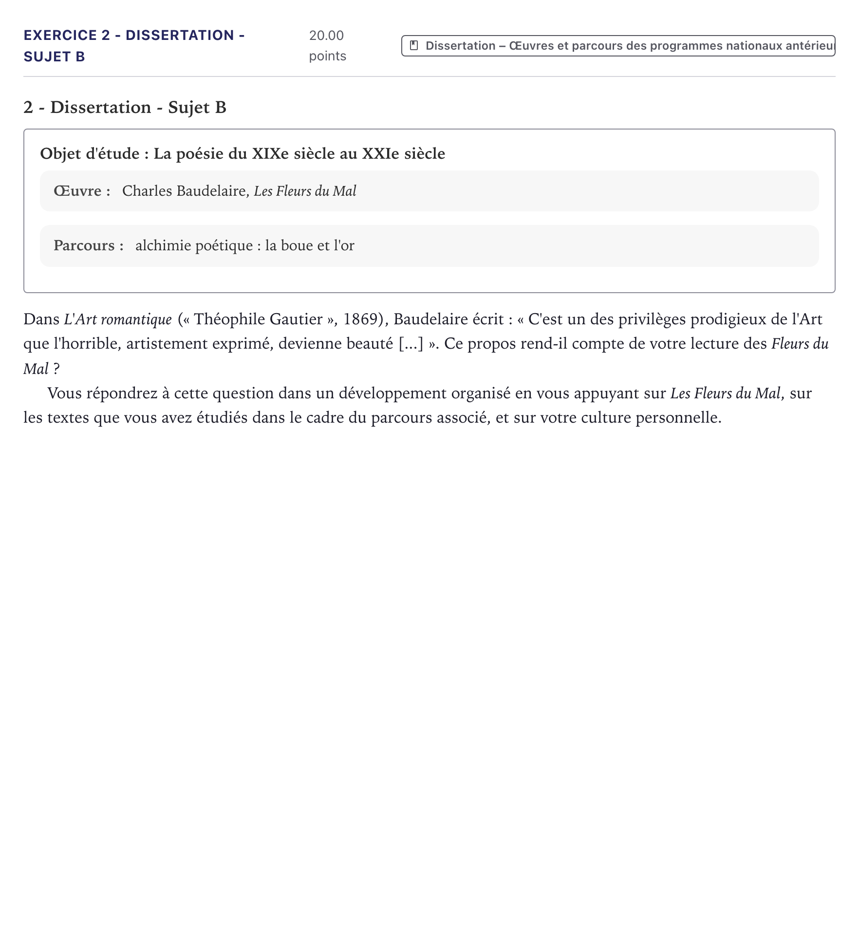 Énoncé: Exercice 2 - Dissertation - Sujet B · Bac Français (1ère) Métropole 2022
