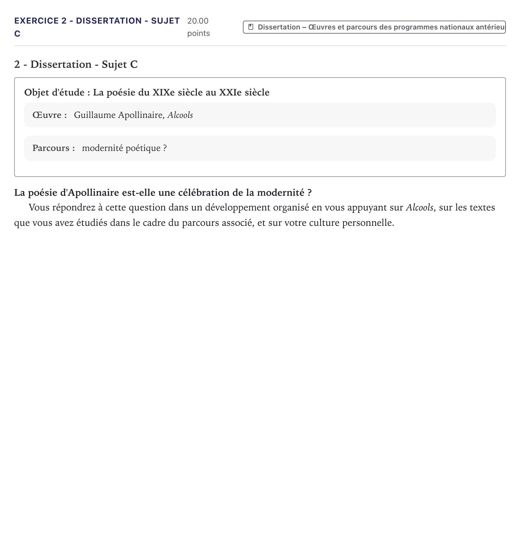 Énoncé: Exercice 2 - Dissertation - Sujet C · Bac Français (1ère) Métropole 2022