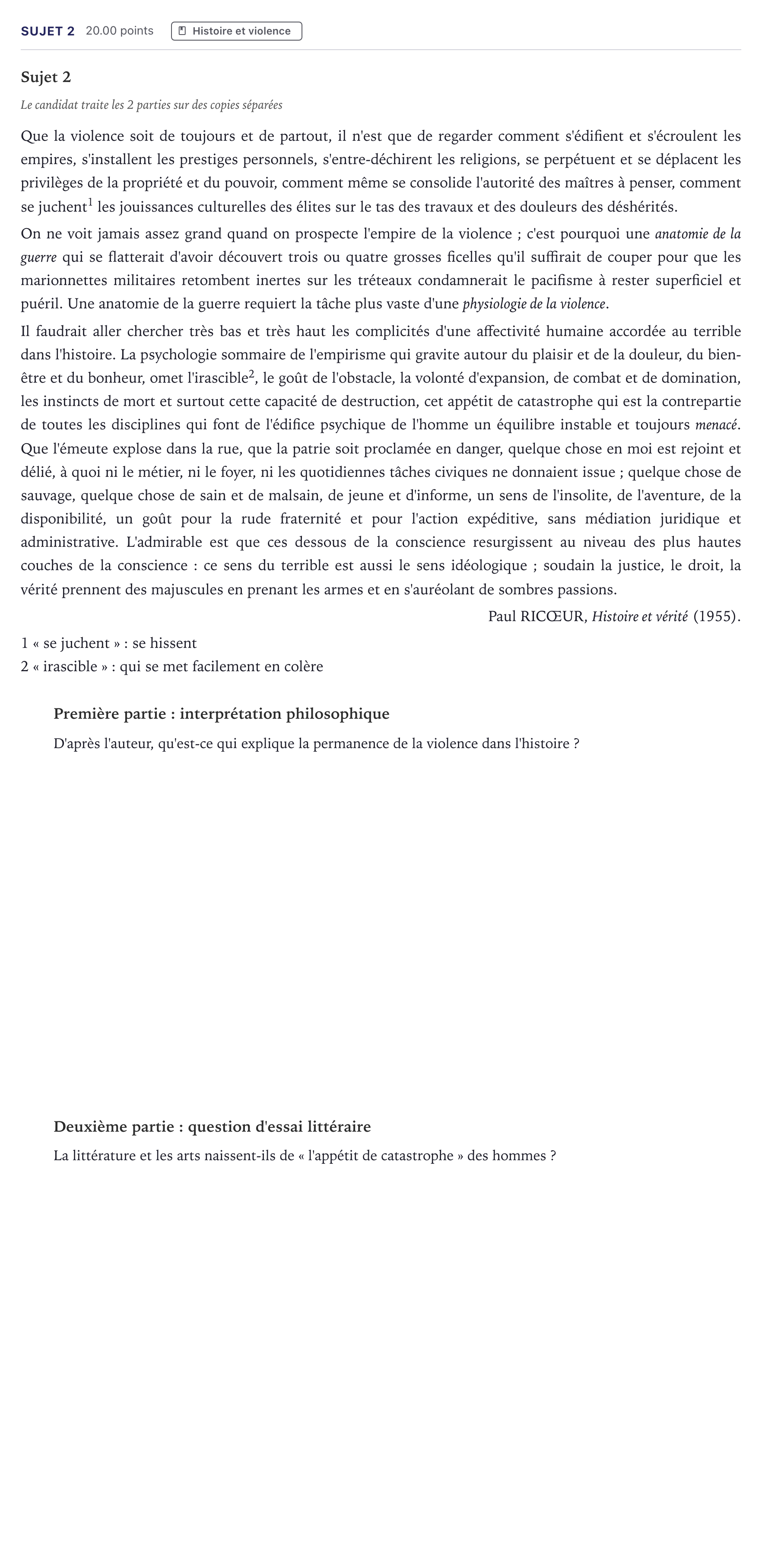 Énoncé: Sujet 2 · Bac Humanités, Littérature et Philosophie Métropole 2022 (sujet 1)