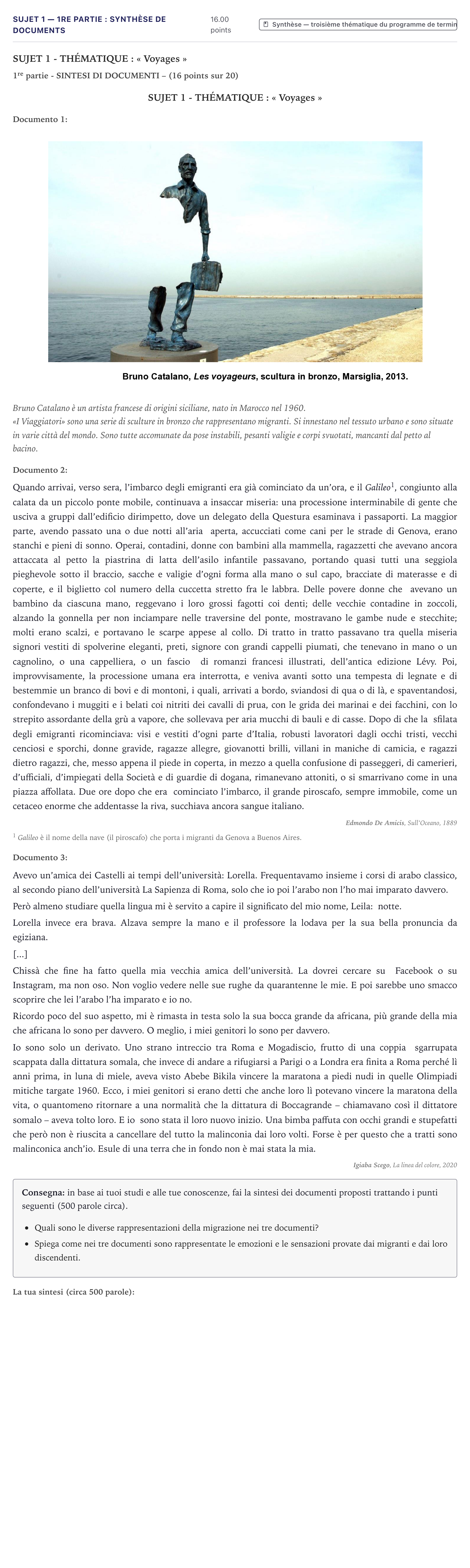 Énoncé: Sujet 1 — 1re partie : Synthèse de documents · Bac Italien Métropole 2022