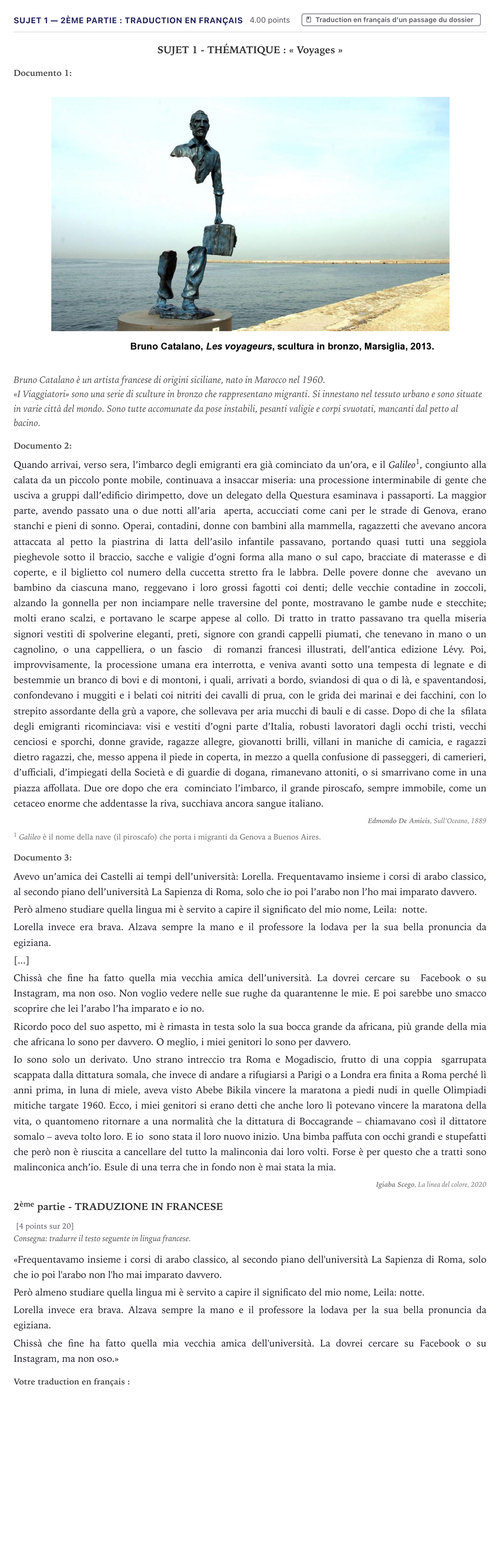 Énoncé: Sujet 1 — 2ème partie : Traduction en français · Bac Italien Métropole 2022