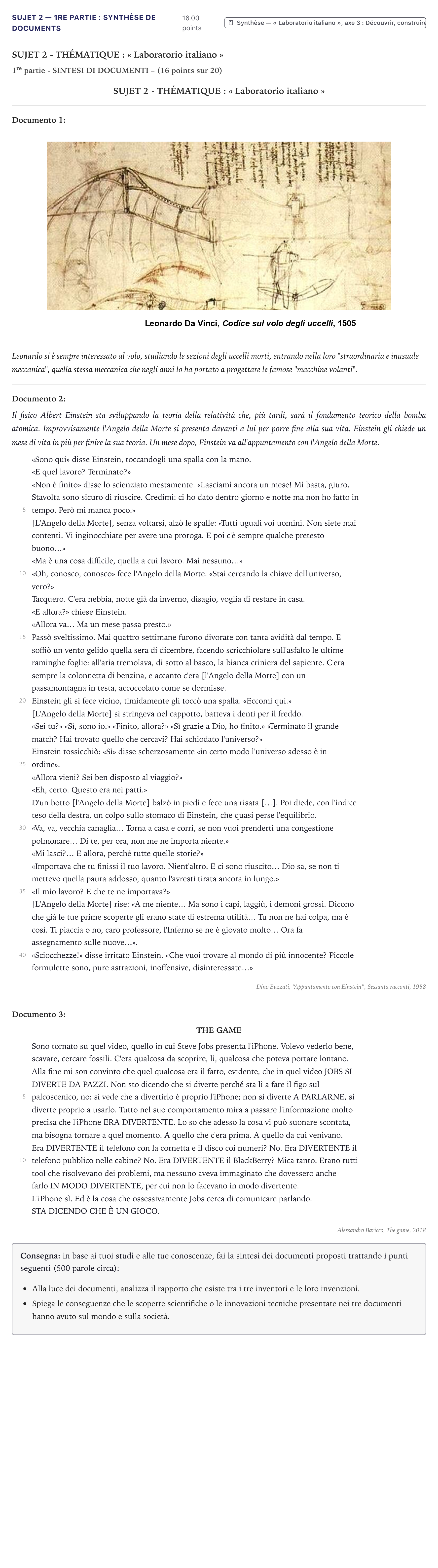 Énoncé: Sujet 2 — 1re partie : Synthèse de documents · Bac Italien Métropole 2022