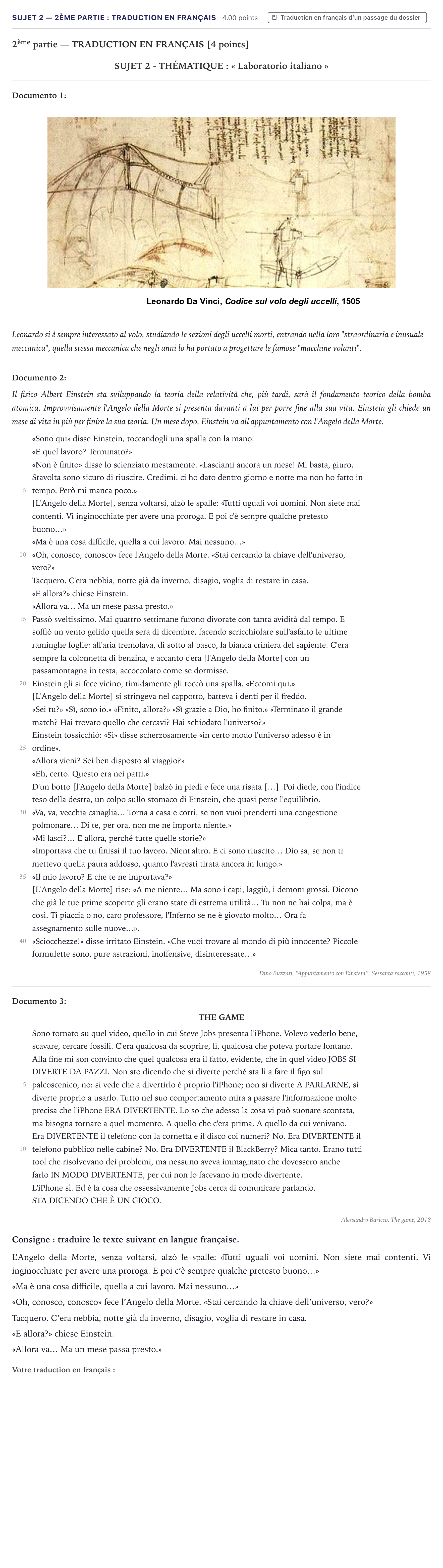 Énoncé: Sujet 2 — 2ème partie : Traduction en français · Bac Italien Métropole 2022