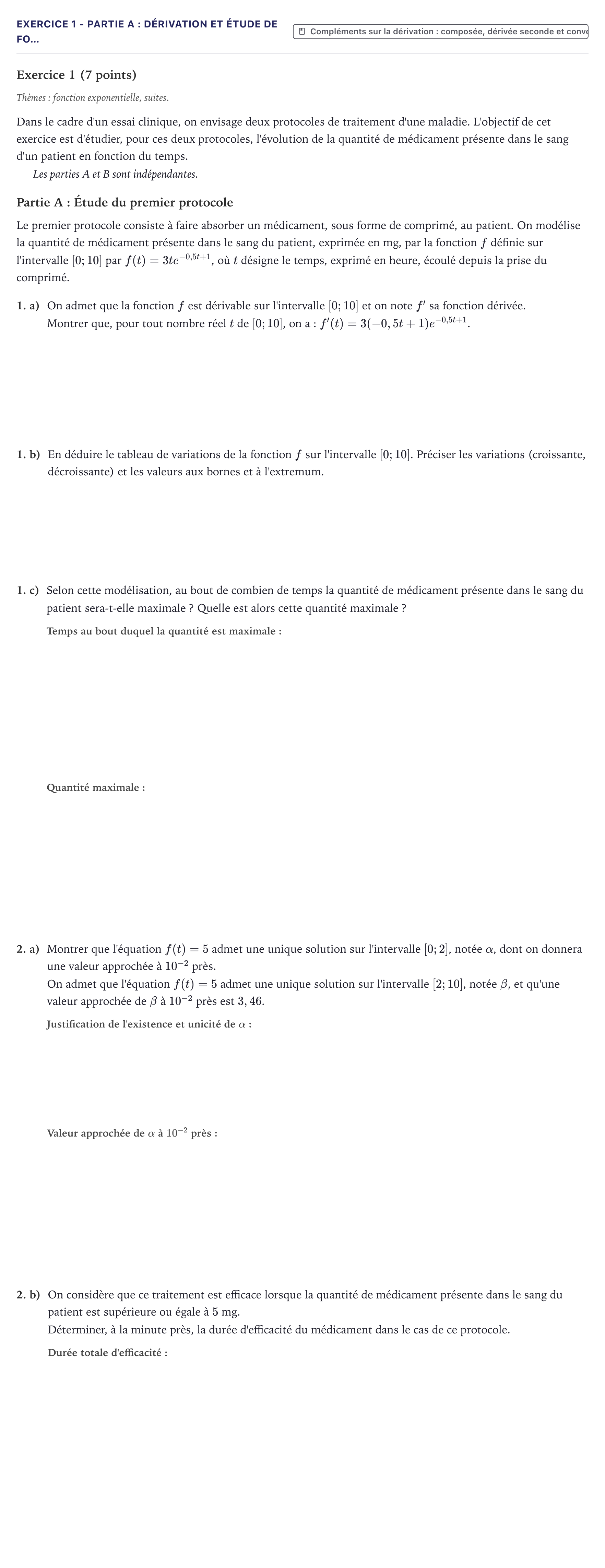 Énoncé: Exercice 1 - Partie A : Dérivation et étude de fo… · Bac Mathématiques Métropole 2022 (sujet 1)