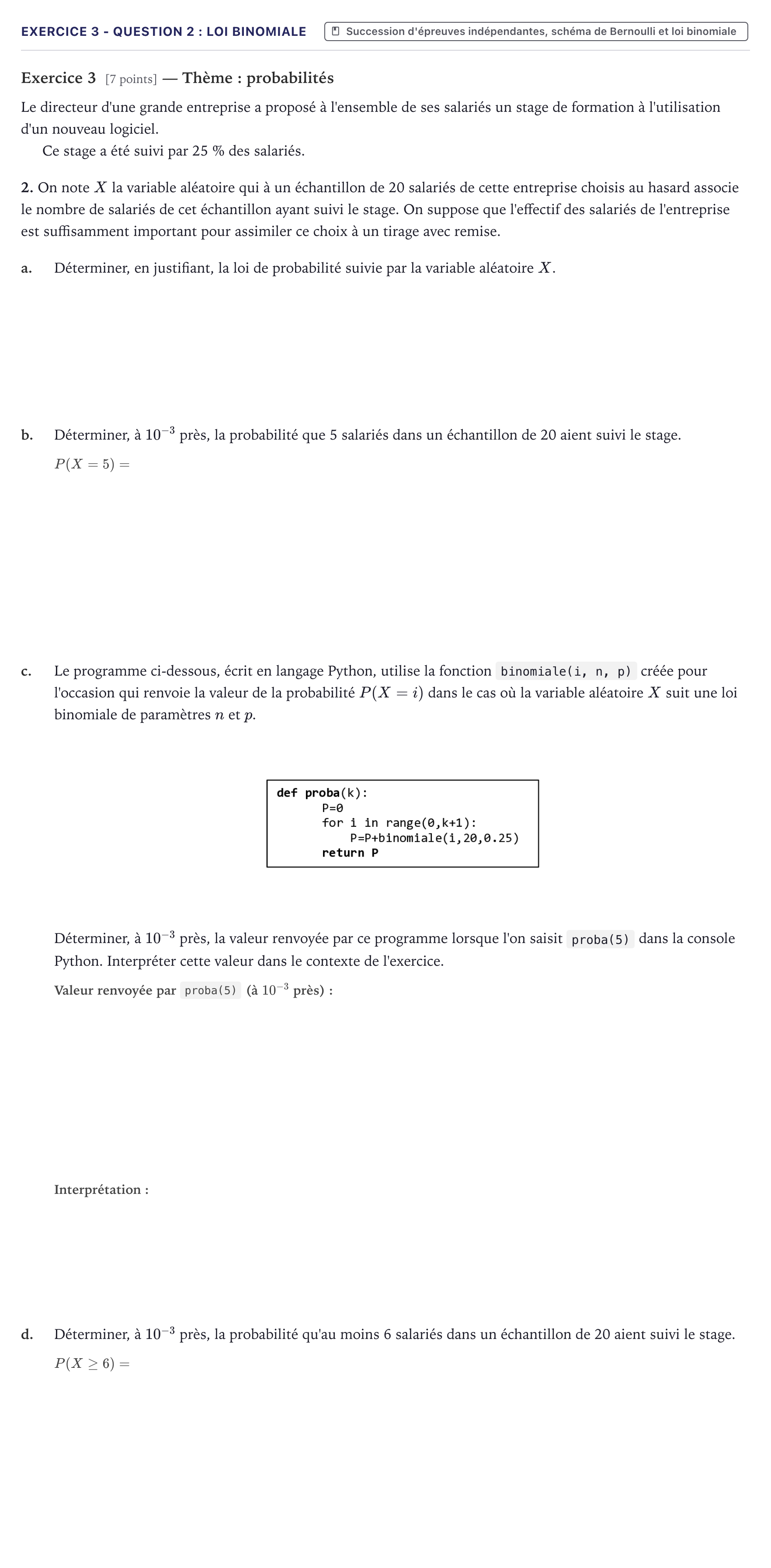 Énoncé: Exercice 3 - Question 2 : Loi binomiale · Bac Mathématiques Métropole 2022 (sujet 1)