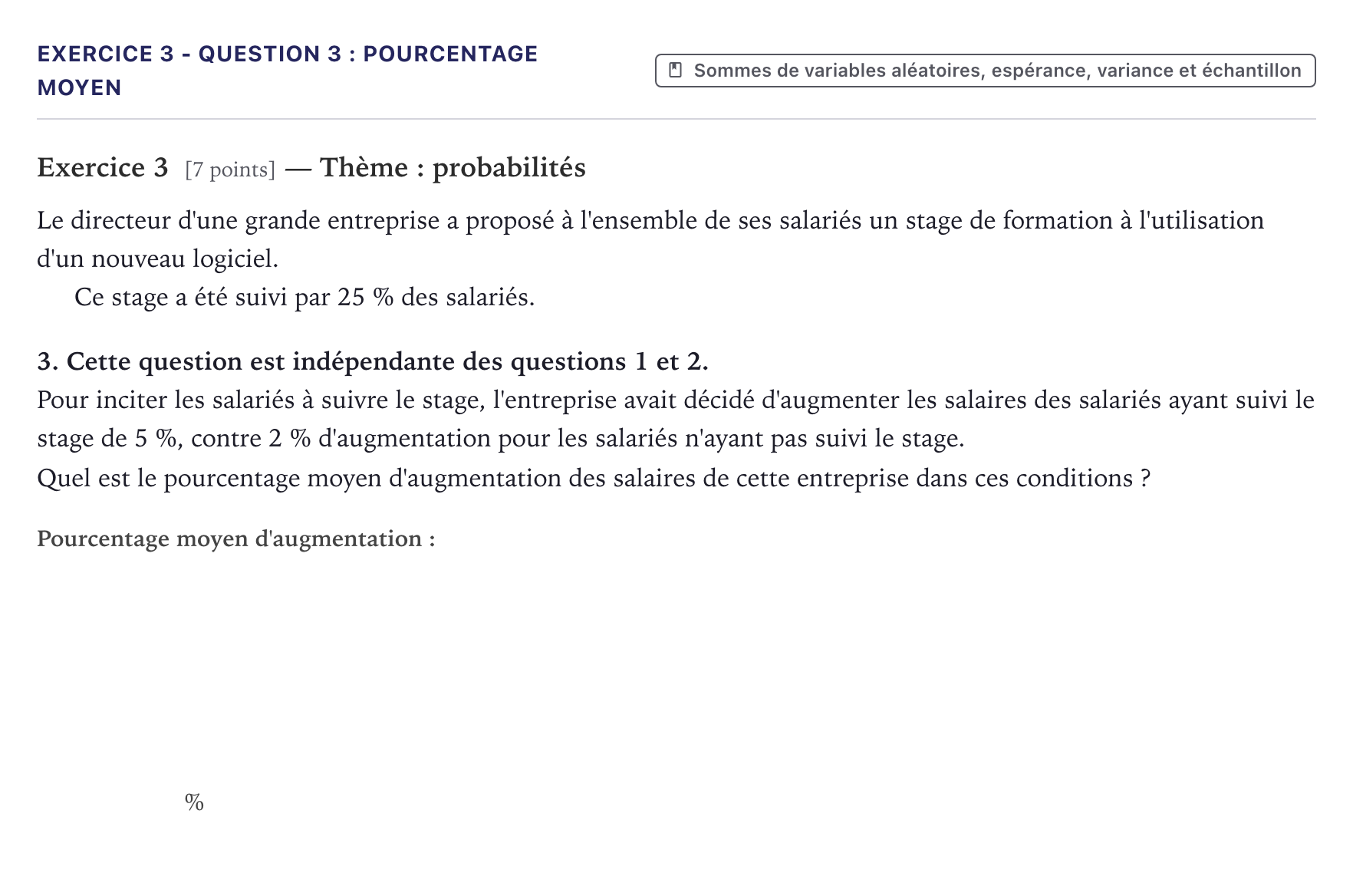 Énoncé: Exercice 3 - Question 3 : Pourcentage moyen · Bac Mathématiques Métropole 2022 (sujet 1)