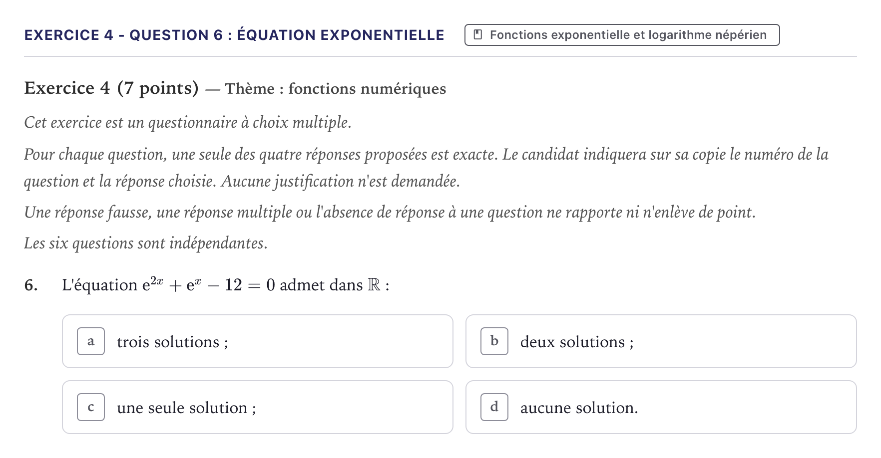 Énoncé: Exercice 4 - Question 6 : Équation exponentielle · Bac Mathématiques Métropole 2022 (sujet 1)