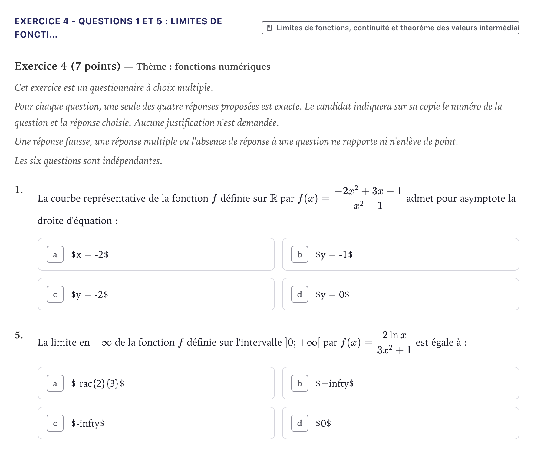Énoncé: Exercice 4 - Questions 1 et 5 : Limites de foncti… · Bac Mathématiques Métropole 2022 (sujet 1)
